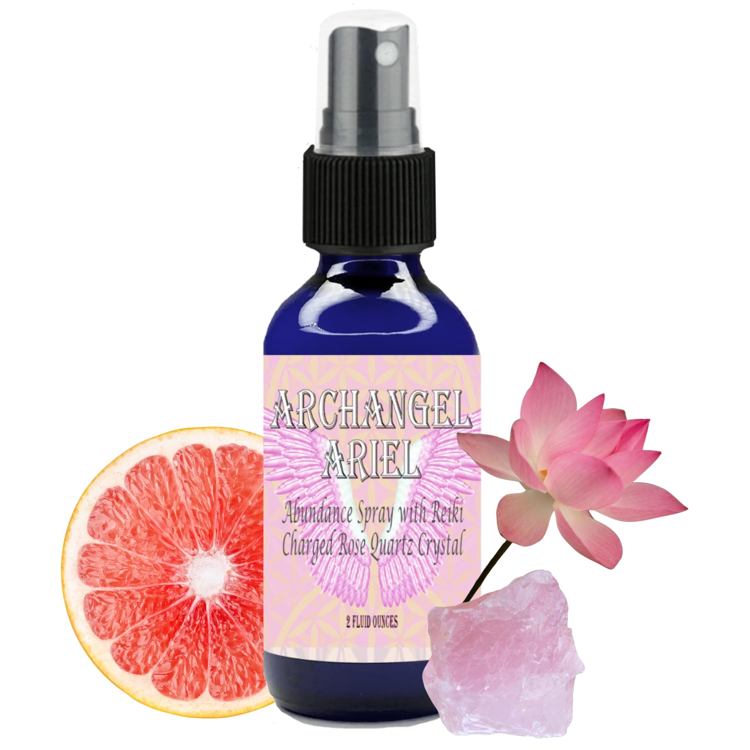 Archangel Ariel Abundance Spray with Reiki Charged Rose Quartz Crystal in a 2 Ounce Glass Bottle