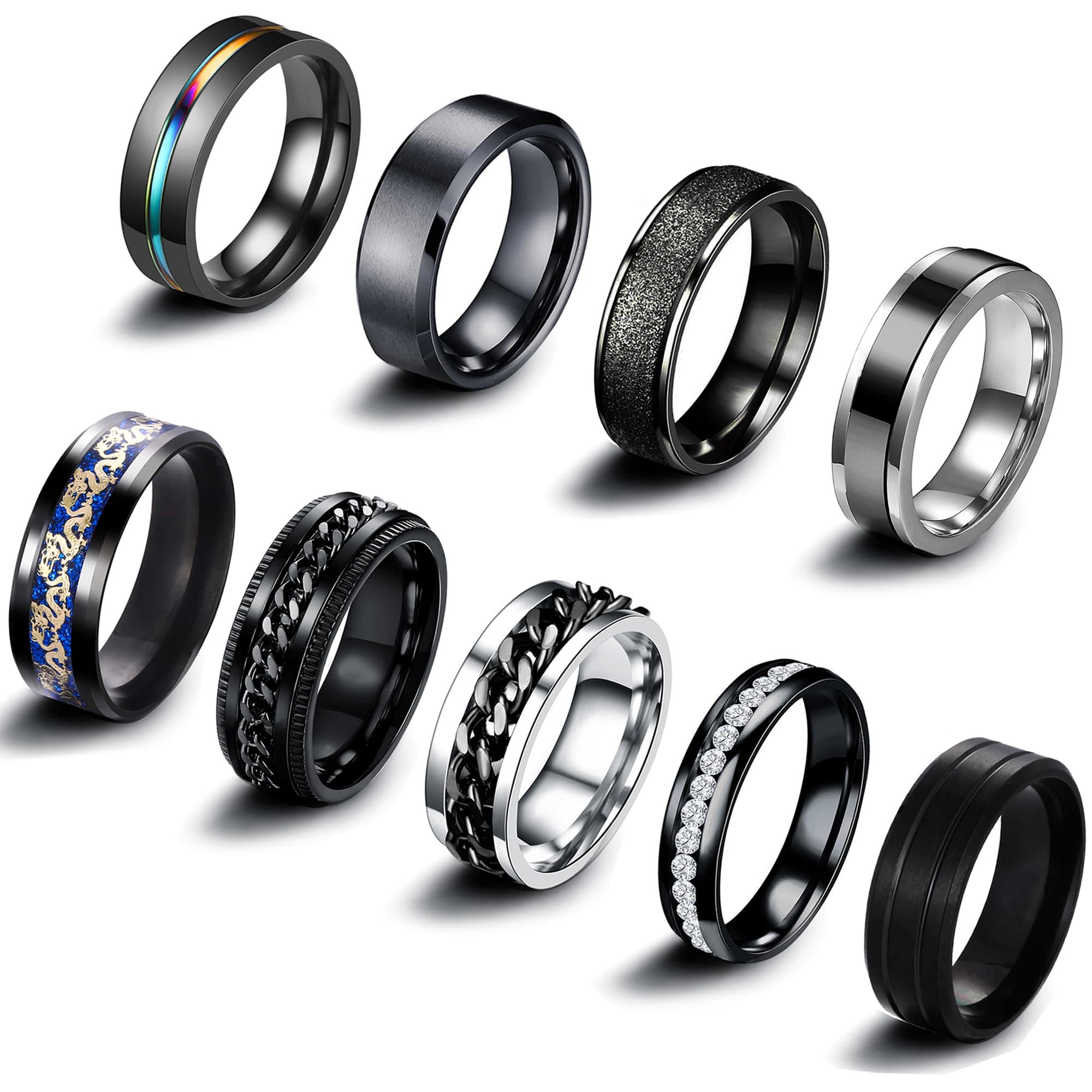 9Pcs Stainless Steel Band Rings for Men Women Cool Fidget Spinning Chain Ring Anxiety Relief Fashion Simple Wedding Engagement Black Ring Set