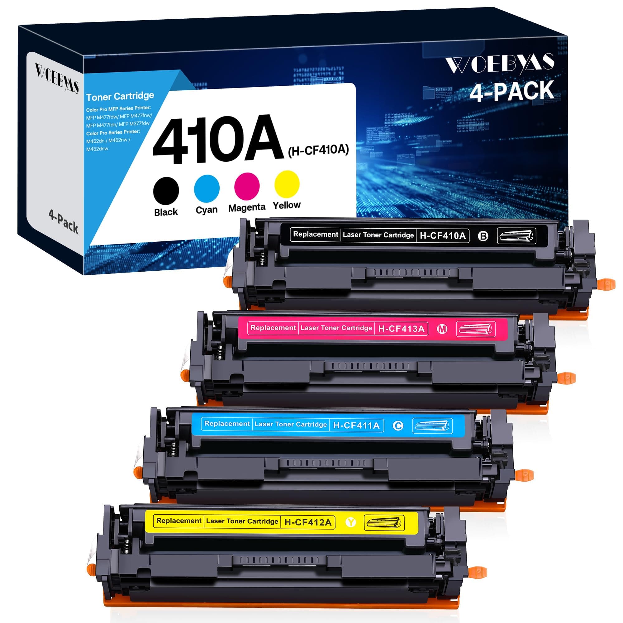 410A Compatible Toner Cartridges Replacement for HP 410X CF410A CF411A CF412A CF413A for M477fnw M477fdw M477fdn M452dn M452nw M452dw Printer, 4-Pack