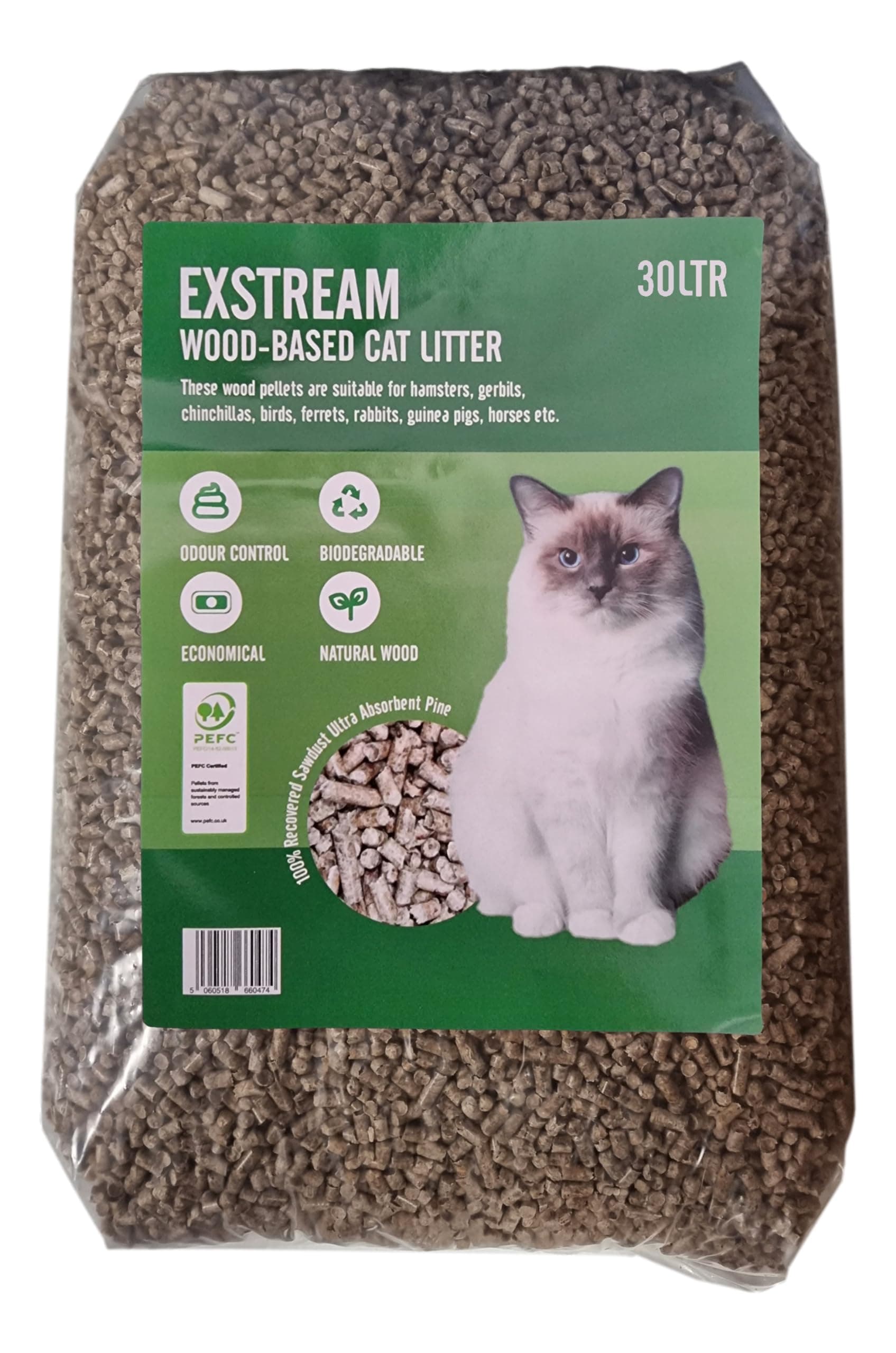 Cat Litter Wood Pellets Absorbent Pine Hygiene Odour Control 60/30/15/10 Litres (30 Litre Bag)