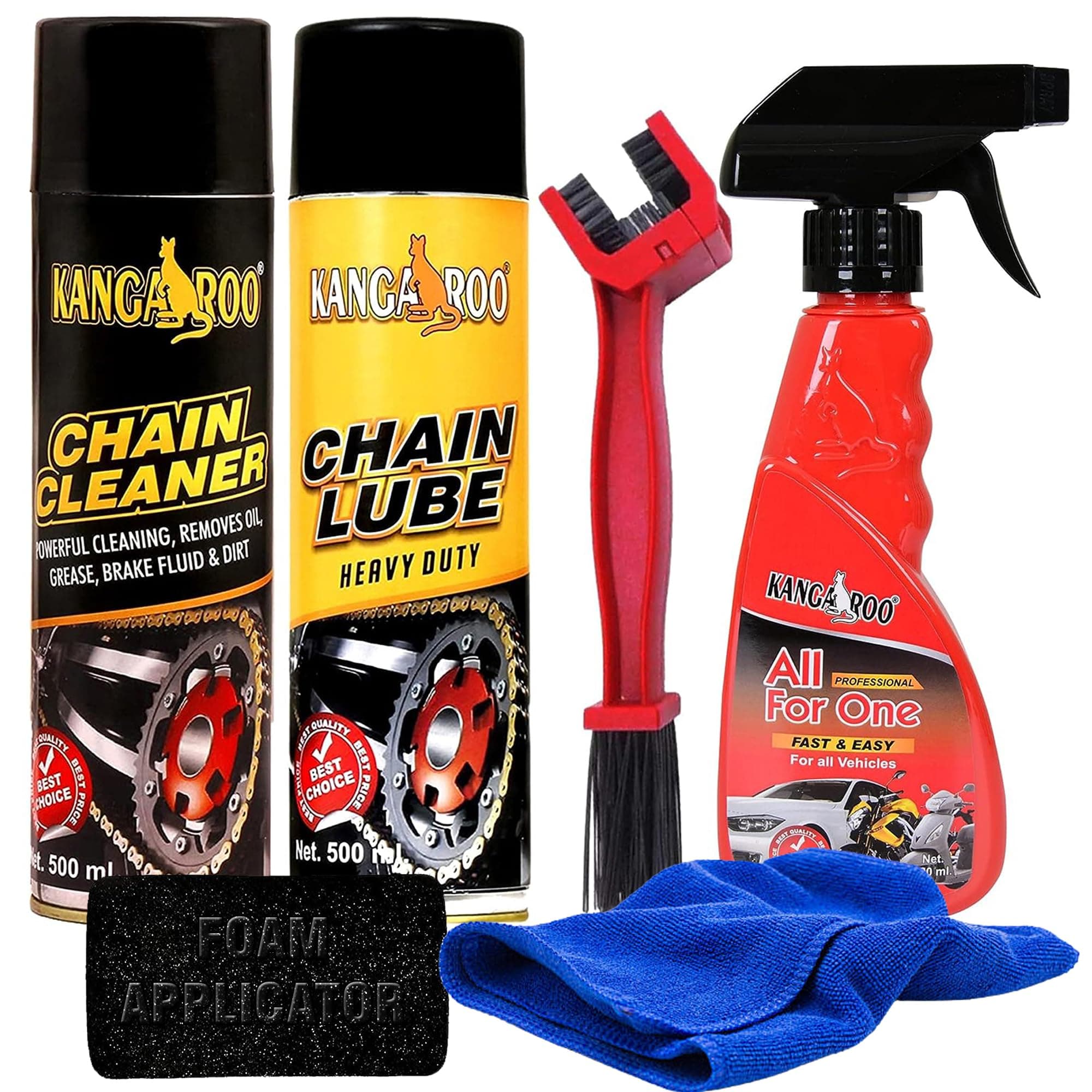 Chain Lube Spray & Chain Cleaner Lubricant Spray(500 Ml Each) with Chain Cleaner Brush Car and Bike Polish Shiner(200 Ml) 1 Microfiber Cloth with Foam Applicator.