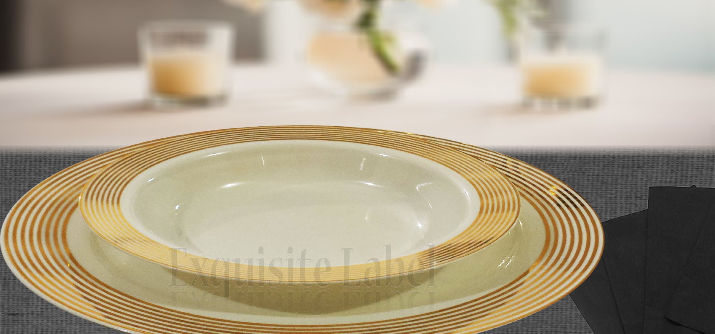 "Exquisite Label" Cream with Gold Heavyweight Plastic Elegant Disposable Plates, Wedding Party Elegant Dinnerware, Striped Collection (40, 9" Dinner Plates)