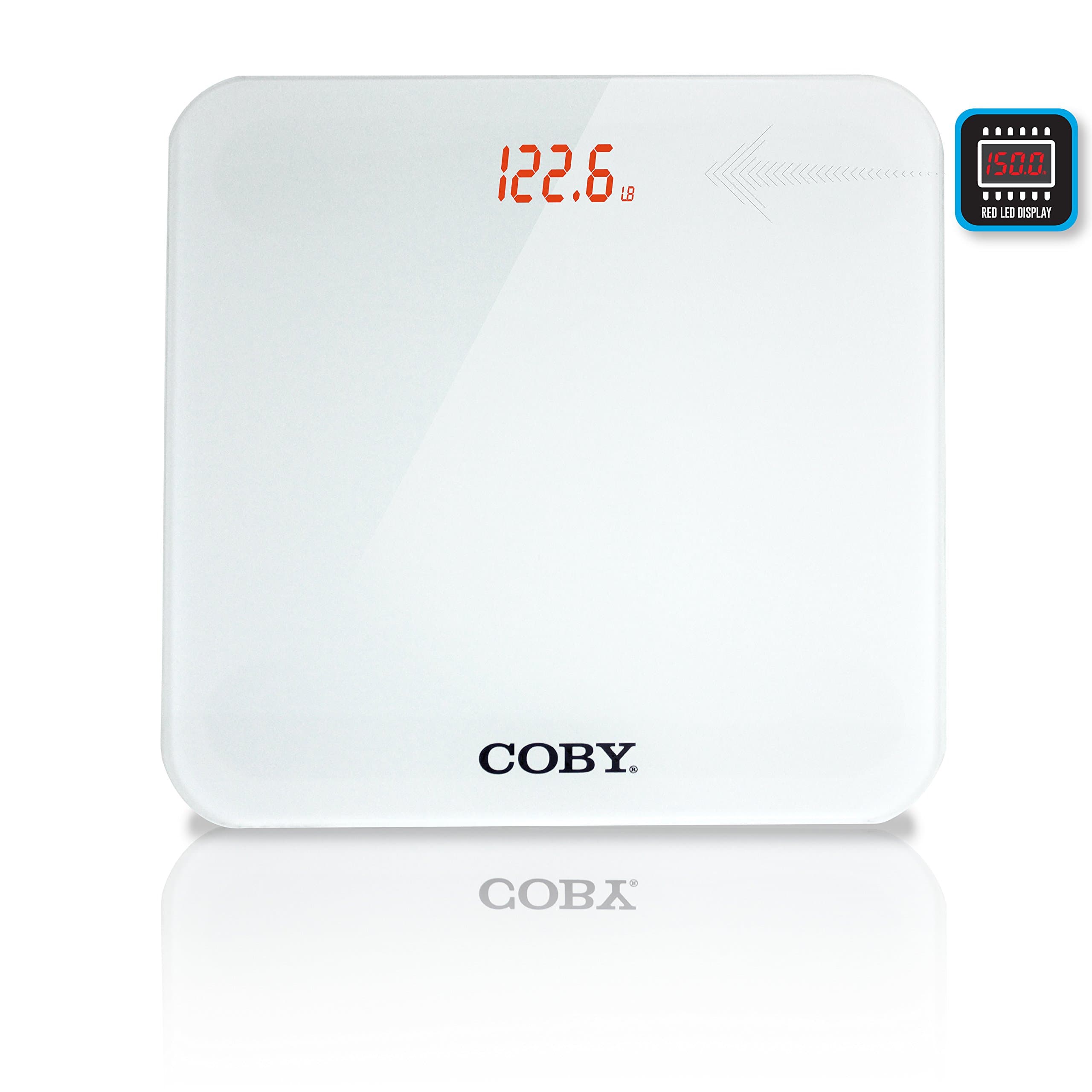 Coby Digital Glass Body Weight Bathroom Scale with Step-On Technology, Bright Red LED DOT Display, 400 Pounds, Ultra Slim Modern Design, Winter White