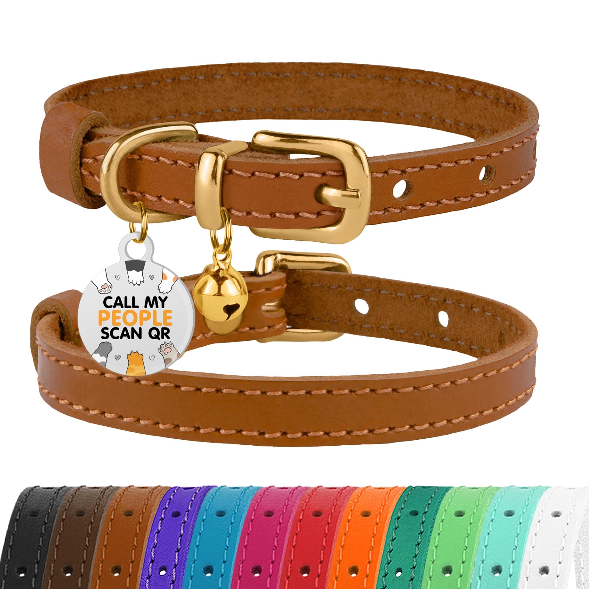 BRONZEDOG Leather Cat Collar with Removable QR-ID Tag – Kitten Collar with Bells, Non-Breakaway, for Girls & Boys (18-22 cm, Light Brown & Gold)