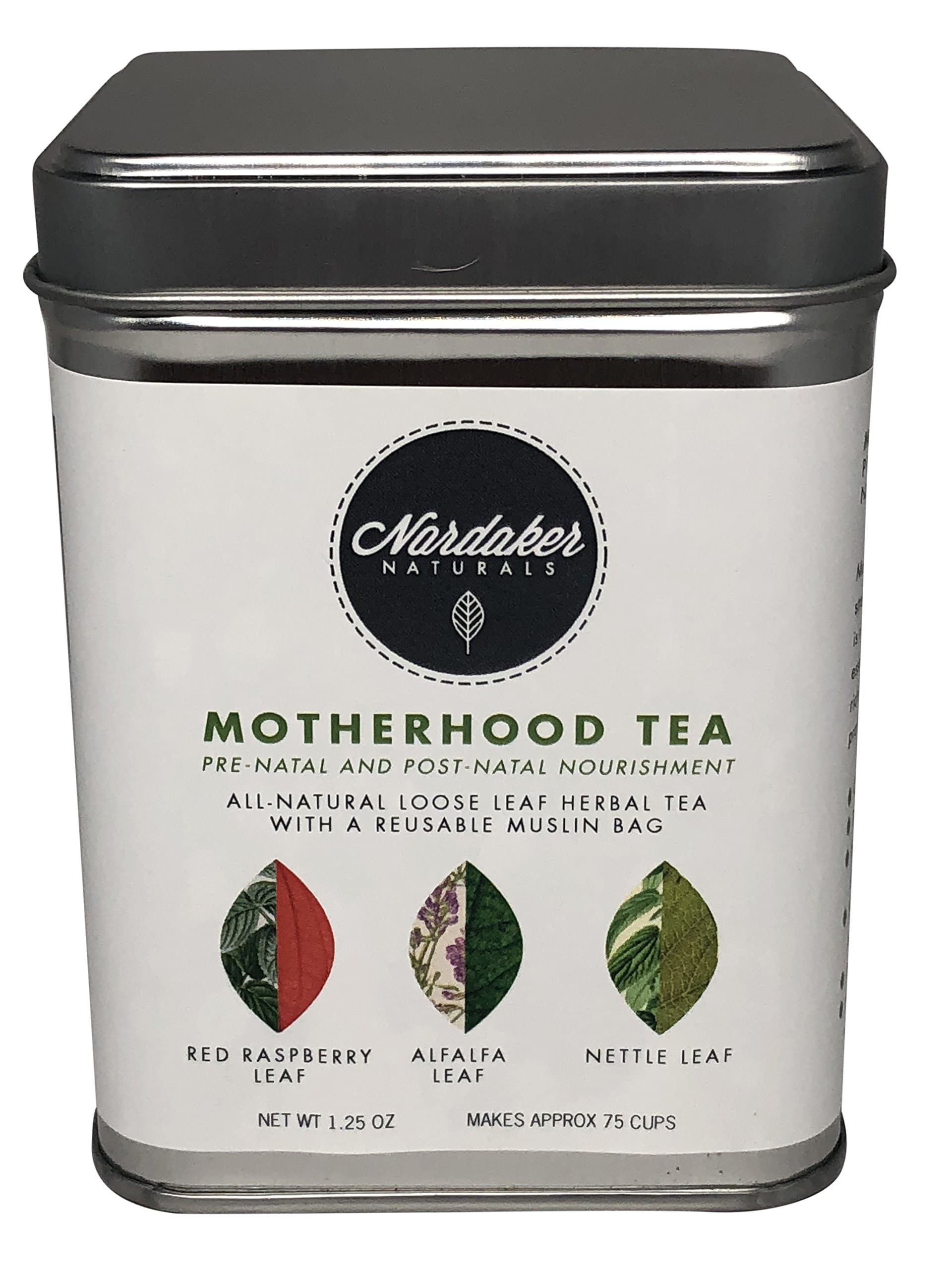 Motherhood Tea, Pre-Natal and Post-Natal Nourishment, All-Natural Red Raspberry, Nettle and Alfalfa Loose Leaf Herbal Tea, Reusable Muslin Bag, 1.25 Ounce Makes 75 Cups