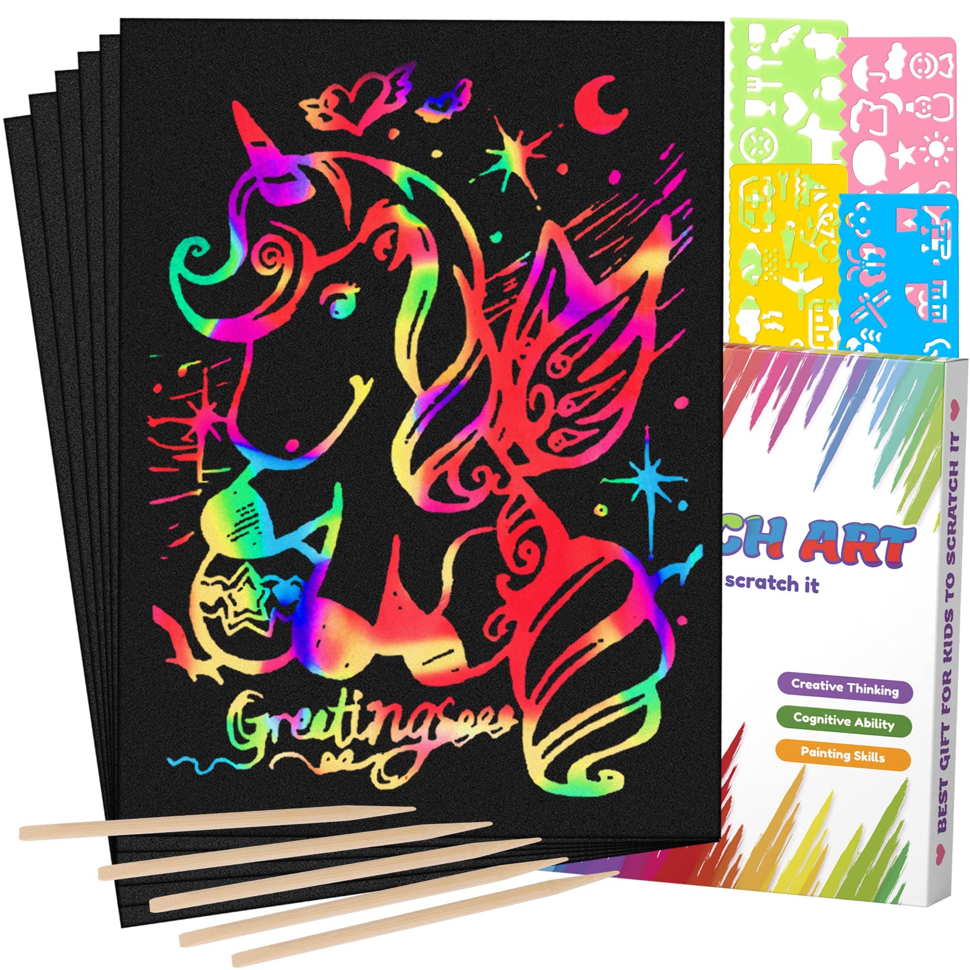 60 PCS Rainbow Scratch Art Paper for Kids, Magic Scratch Paper Set Art Craft Supplies, Black Scratch Sheets Party Game Activities Christmas Birthday Gifts Girls Boys 3 4 5 6 7 8 9 10 Years Old