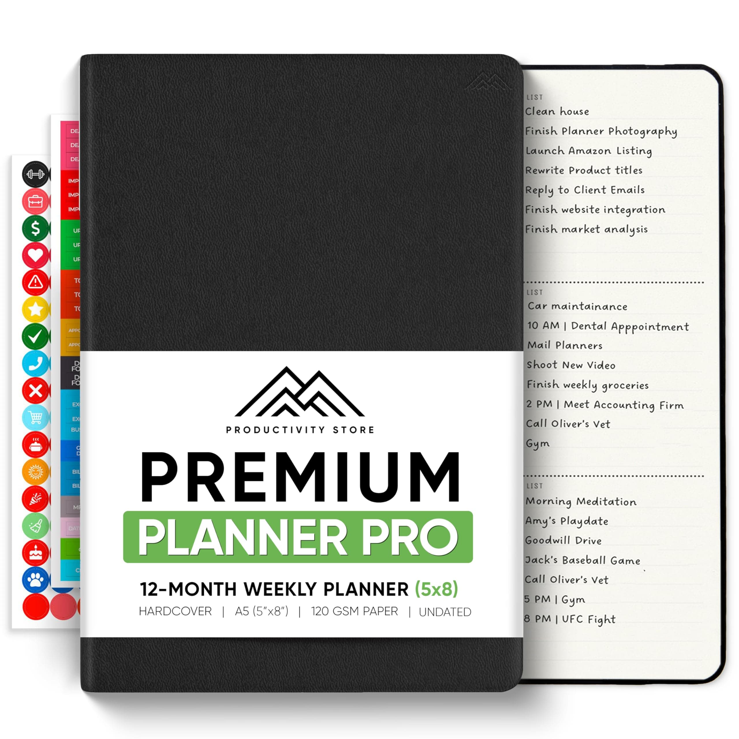 PRODUCTIVITY STORE Pro - Undated, 2026 Planner, 5.8” x 8.3” - The #1 Productivity Planner to Achieve Your 2026 Goals - Planner 2026-2027 - Black - A5