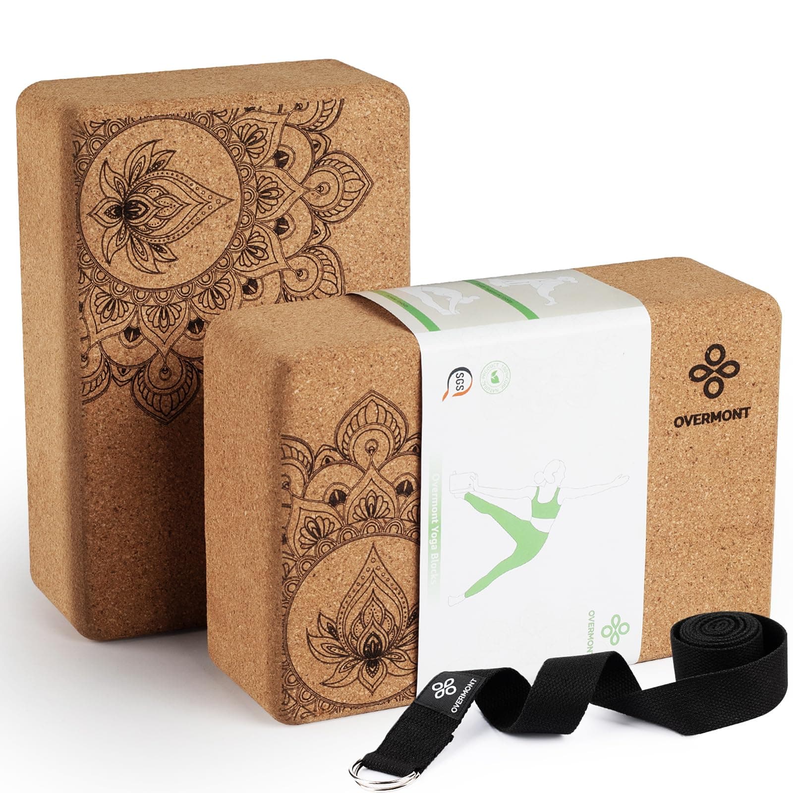 Overmont Cork Yoga Blocks 2 pack with 8ft Strap Natural Cork Bricks- High Density & Eco Friendly Yoga Accessories for Women - Ideal for Yoga Pilates General Fitness and Stretching 9x6x3''