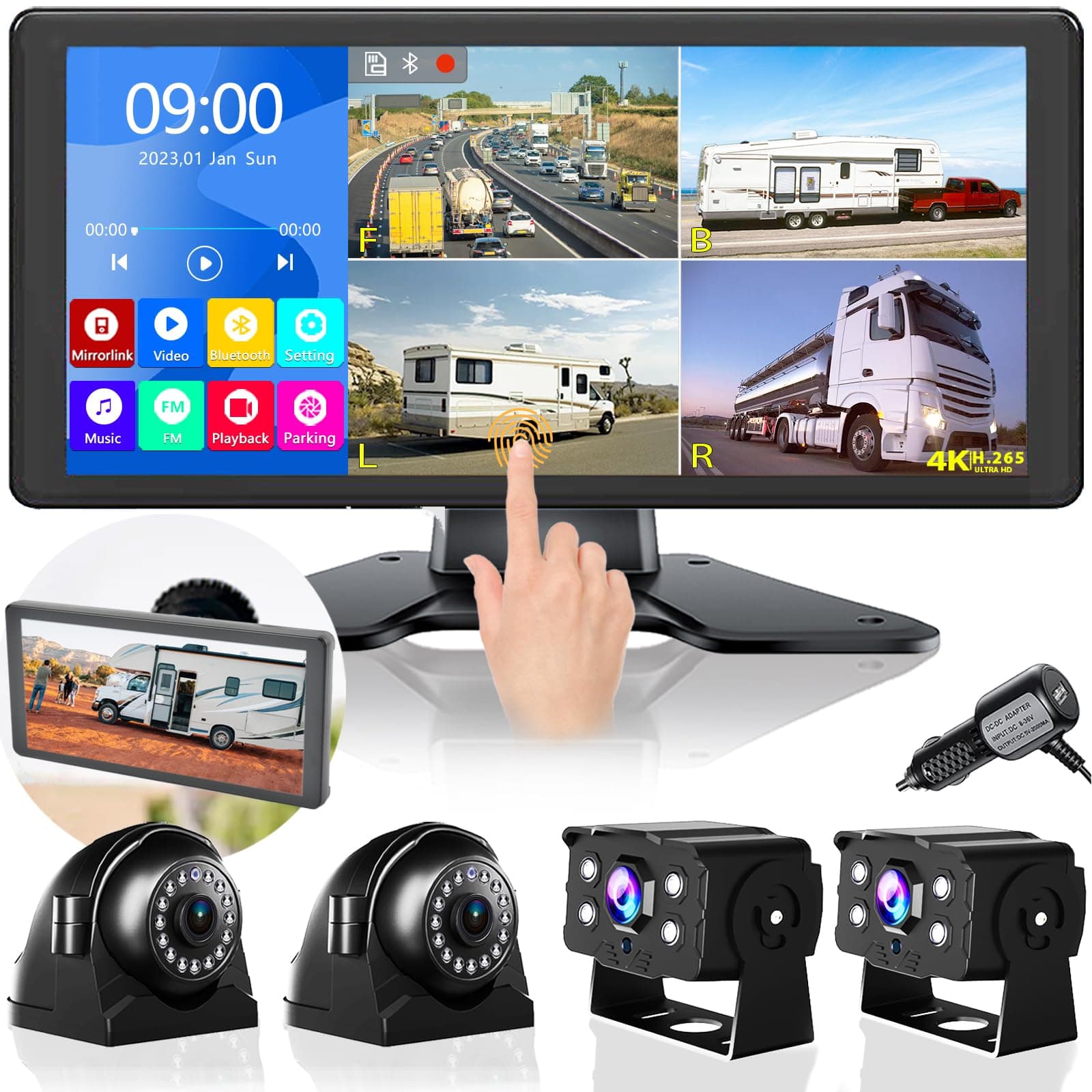 4K RV Backup Camera System 10.36" Quad Split Touch Screen Monitor with 4 1080P Rear Side View Camera, DVR Recording Bluetooth MP3 MP5 IP69 Waterproof Night Vision for RV Truck Trailer Tractor