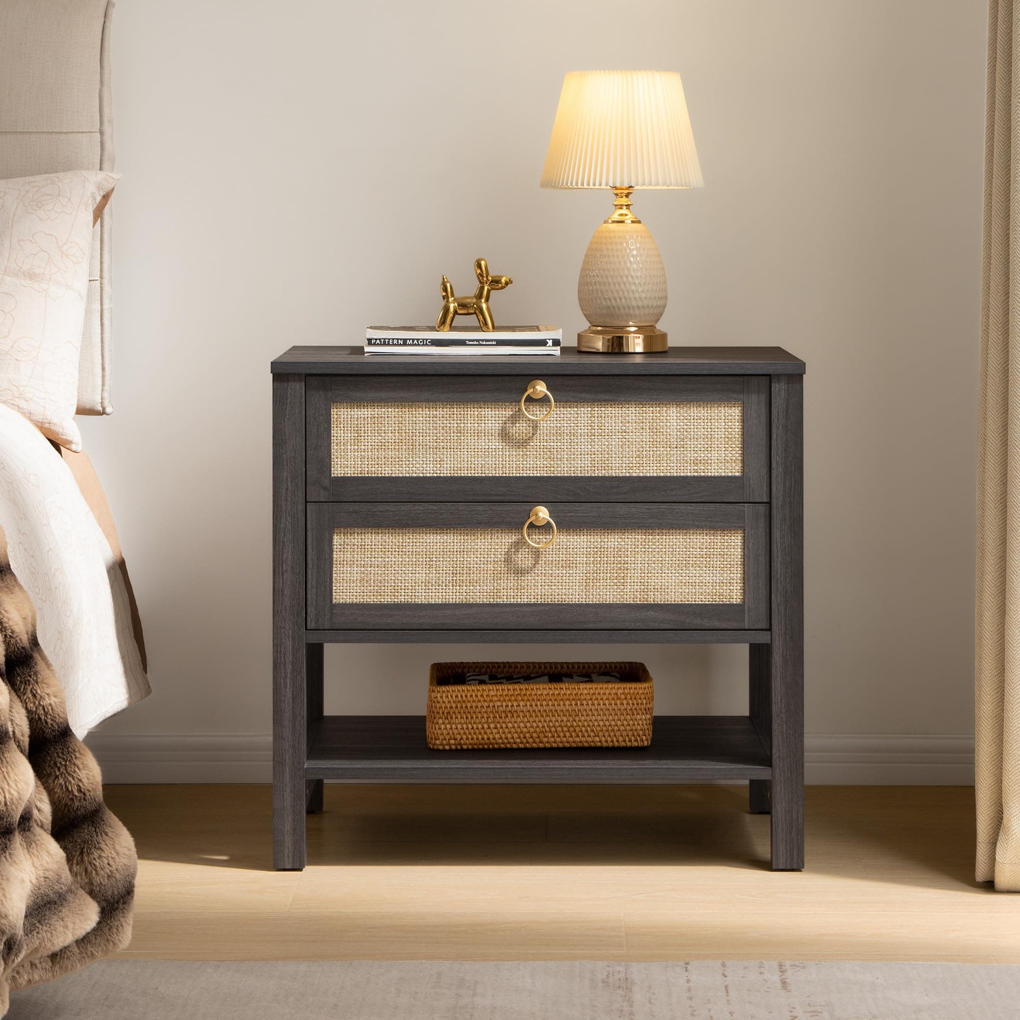 Night Stand with Drawers and Storage Shelf - Large Nightstands Rattan Decor Boho Bedside Table Narrow Side Table for Bedroom, Small Space