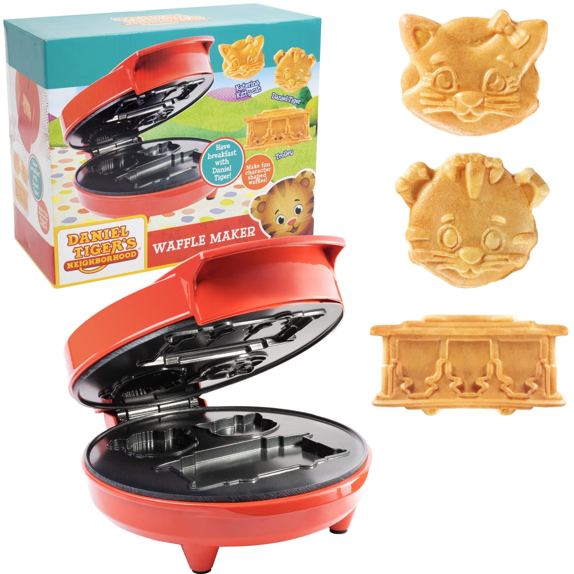 Daniel Tiger Neighborhood Waffle Maker Iron- Electric Nonstick Waffler Feat. 3D Mini Character Shaped Waffles Pancakes- Daniel Tiger, Katerina Kitty Cat & Trolley- Fun Breakfast for Kids & Toddlers