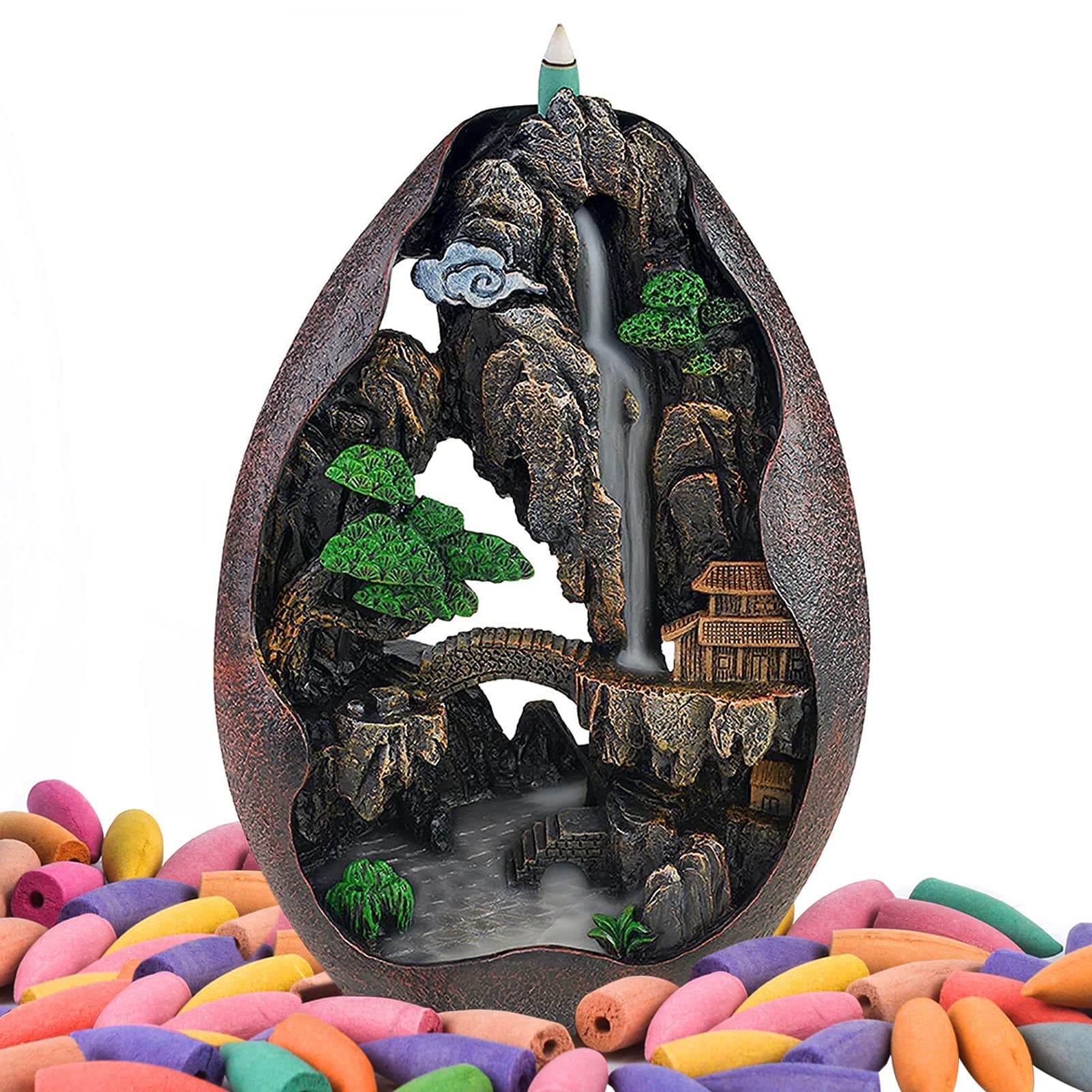 Ronlap Backflow Incense Burner, Rockery Waterfall Smoke Incense Holder with 120 Upgraded Incense Cones+30 Incense Sticks+1 Tweezer+1 Mat, for Aromatherapy Meditation Home Decorations