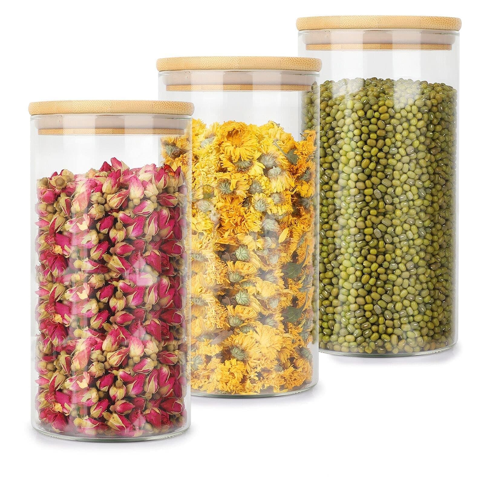 Yibaodan 1300ml Glass Food Jars with Bamboo Lids, 3 Pack Glass Storage Containers with Airtight Wood Lids Kitchen Canisters Set for Pasta Spaghetti Tea Beans Snack Flour Noodles Cereal