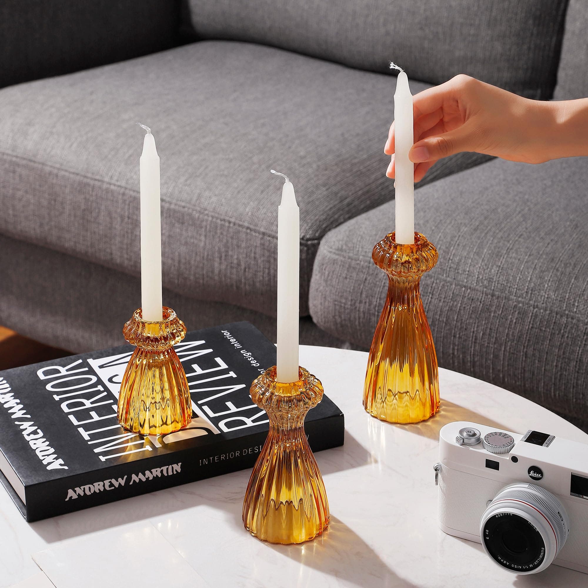 Lysenn Glass Candle Stick Holder Set of 3 – Premium Taper Candle Holders for Romantic Ambiance - Candle Sticks Holder Decor for Special Occasions - Amber