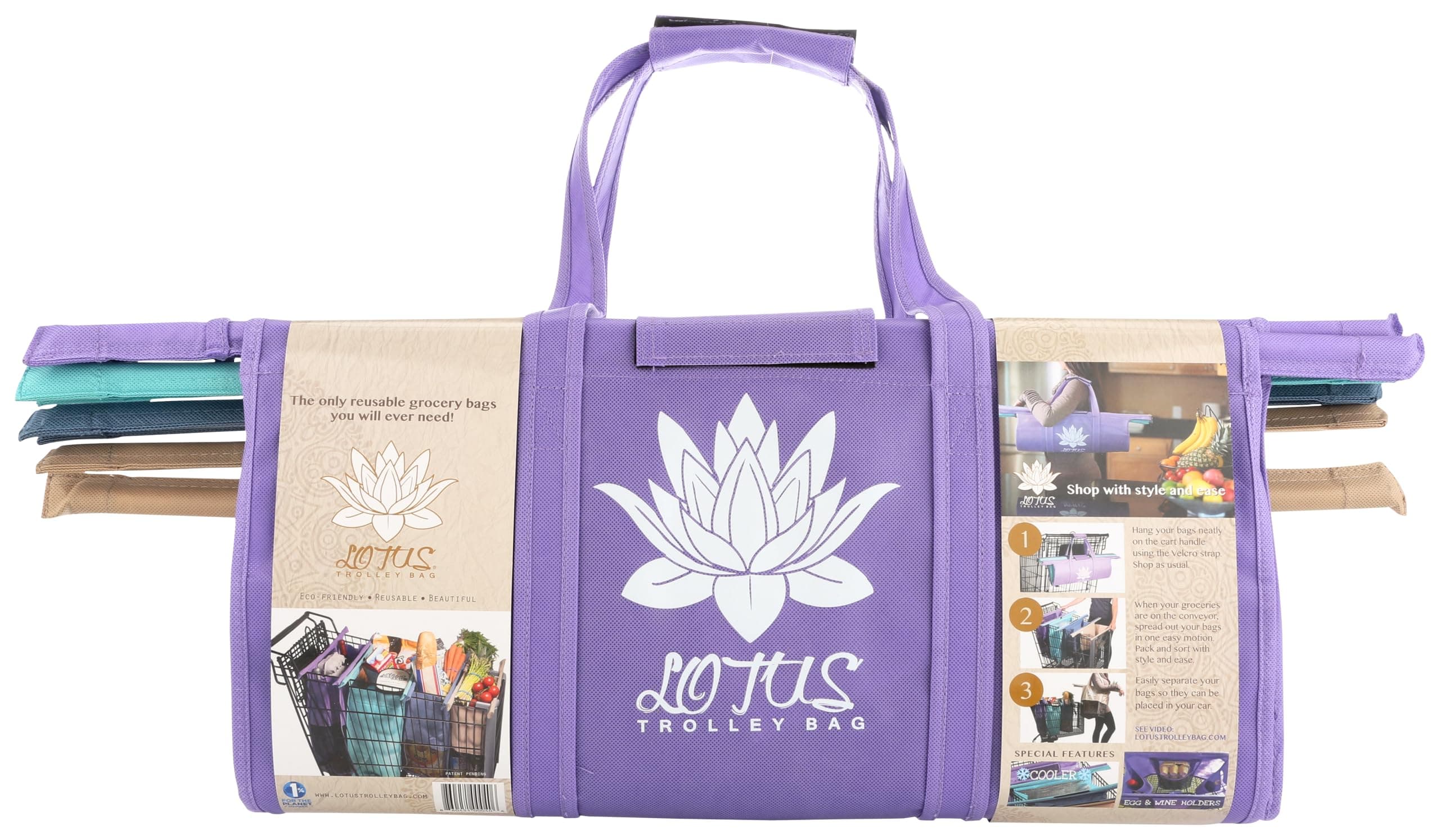 Lotus Trolley Bags -set of 4 -w/LRG COOLER Bag & Egg/Wine holder! Reusable Grocery Cart Bags sized for USA.
