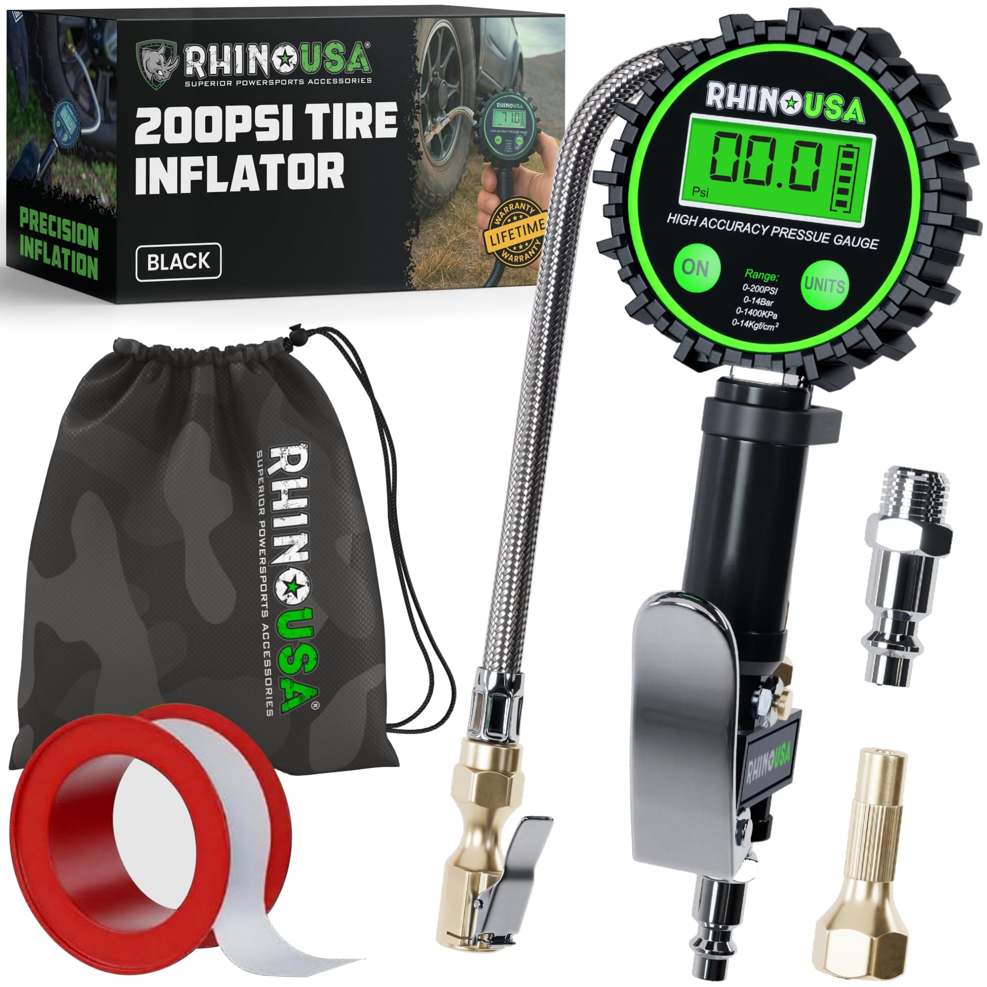 Rhino USA Heavy Duty Tire Pressure Gauge (0-200 PSI) - Certified ANSI B40.1 Accurate, Large 2" Easy Read Glow Dial, Premium Braided Hose, Solid Brass Hardware, Best For Any Car, Truck, Motorcycle, RV