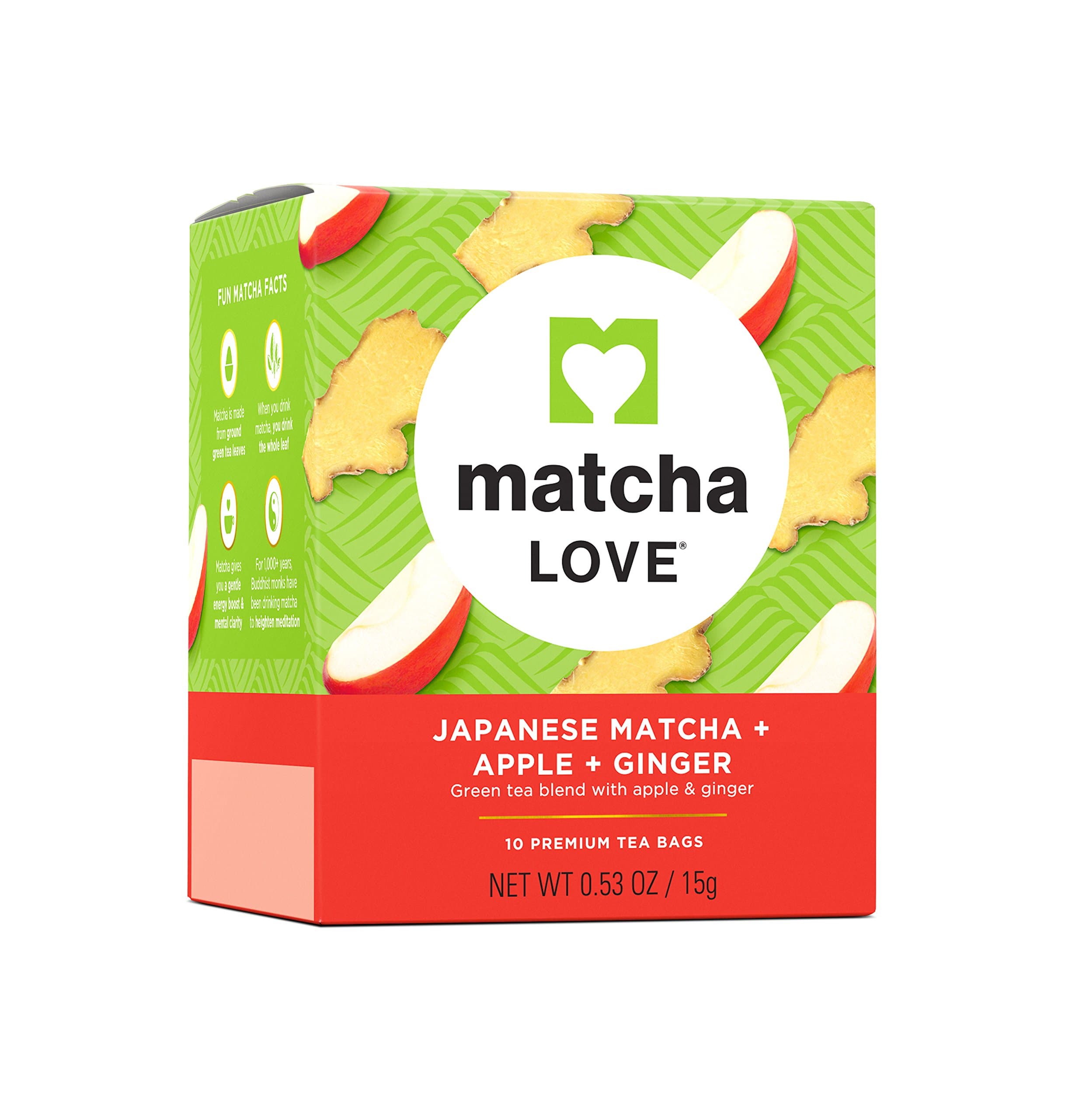 Matcha Love Japanese Matcha + Apple + Ginger Green Tea Premium Bags, (Pack of 10) 10 Count, 100 Teabags Total