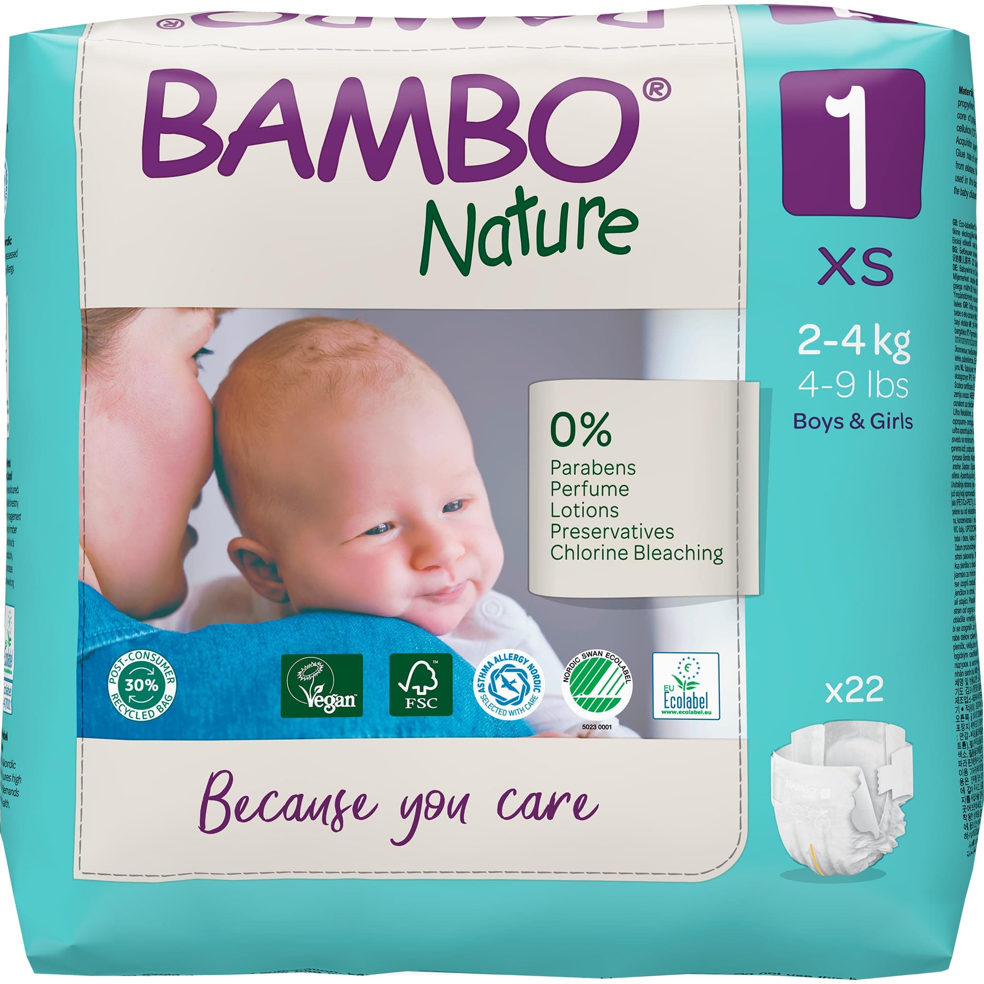 Premium Eco Nappies, Eco-Labelled Newborn Nappies, Enhanced Leakage Protection, Secure & Comfortable Baby Nappies, Newborn Essentials - Size 1 Nappies (4-9 lb/2-4 kg), 22PK