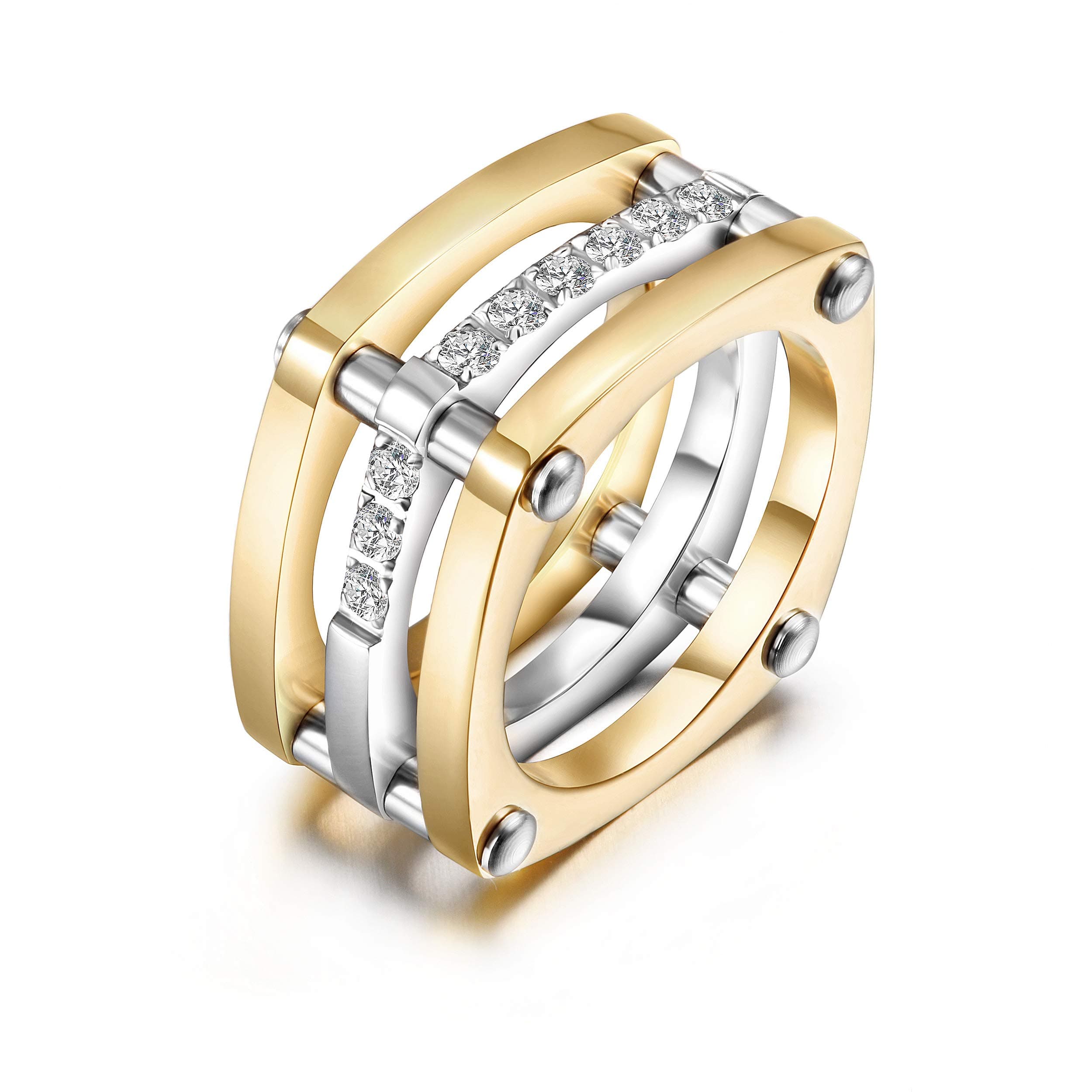 Square Chunky Cocktail Ring for Women, Gold Plated Stainless Steel CZ Statement Ring, Bold Wide Style, Sizes 6–11