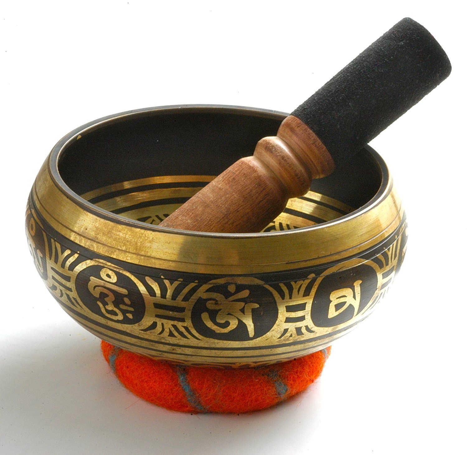 Tibetan Singing Bowl (Singing Bowls/Tibetan Meditation Bowl) - hand-painted from Nepal. Handmade Felt Cushion, Wood/Leather Mallet, handmade Lokta paper box. Om Mani Padme Hum. Imagination Imports (R)