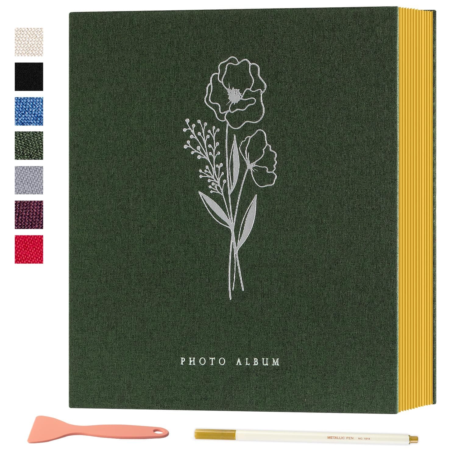 Lanpn Self Adhesive Photo Album Scrapbook 80 Pages, Linen Photos Albums DIY Sticky Magnetic Pages Holds 4X6 7x5 A5 Picture for Family Wedding Birthday (Large-40 Sheets/80 Pages, Green)