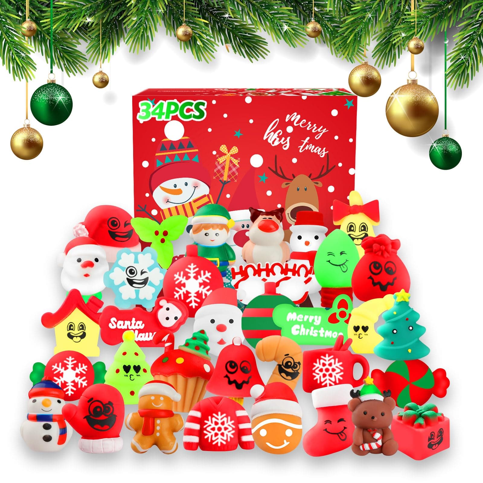 Christmas Squishy Toys, 34 PCS Squishies Christmas Party Favors for Kids Boys Girls, Mochi Kawaii Squishy Stress Reliever Anxiety Toys, Classroom Prize Bulk Gifts for Christmas Treat Goody Bags