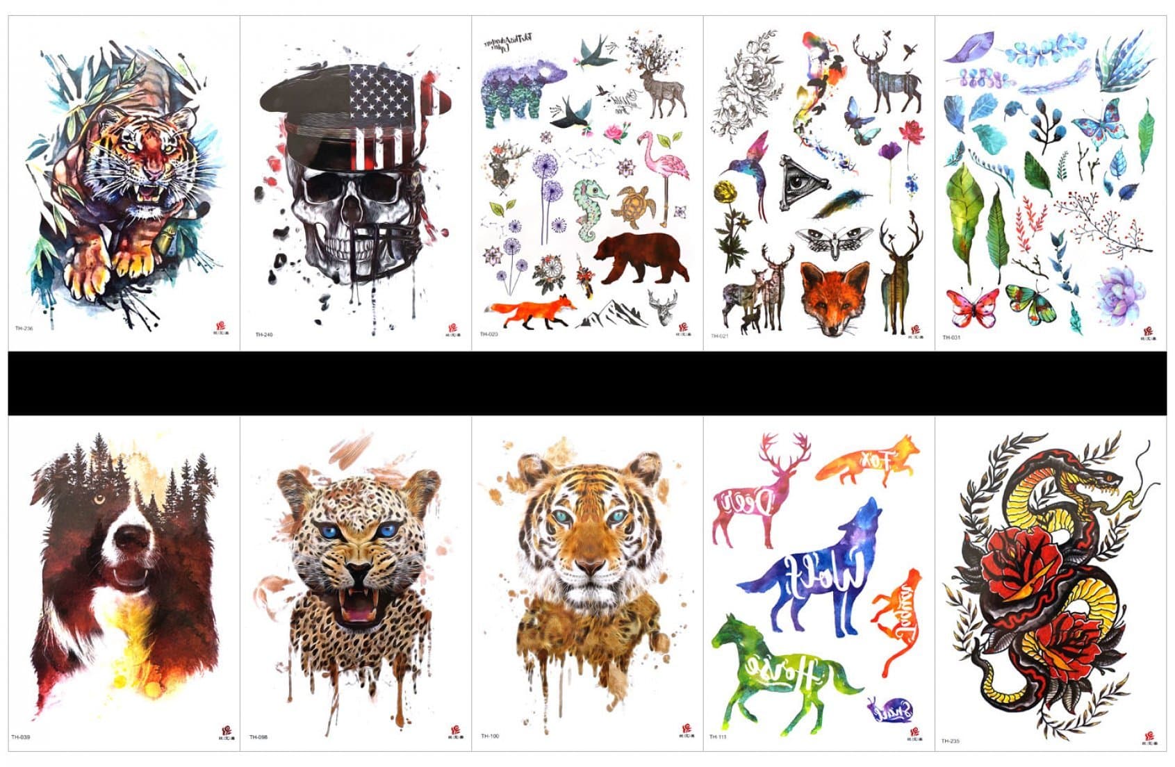 Interookie 10pcs fake tattoo stickers tiger tattoos in one packages,mixed designs as dragon with flowers,flower,tiger,skull,wolf,leopard,deer,horse,butterfly,leaves,etc.