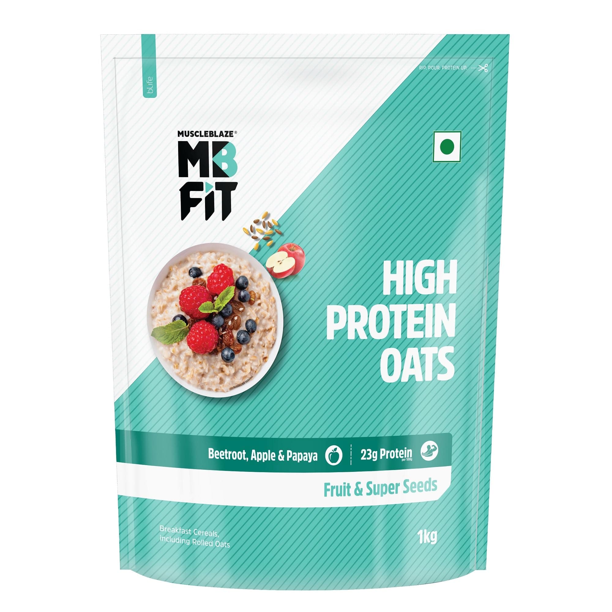 Fit High Protein Oats (Fruit & Super Seeds, 1kg) | 23g Protein | Breakfast Cereals for Weight Management