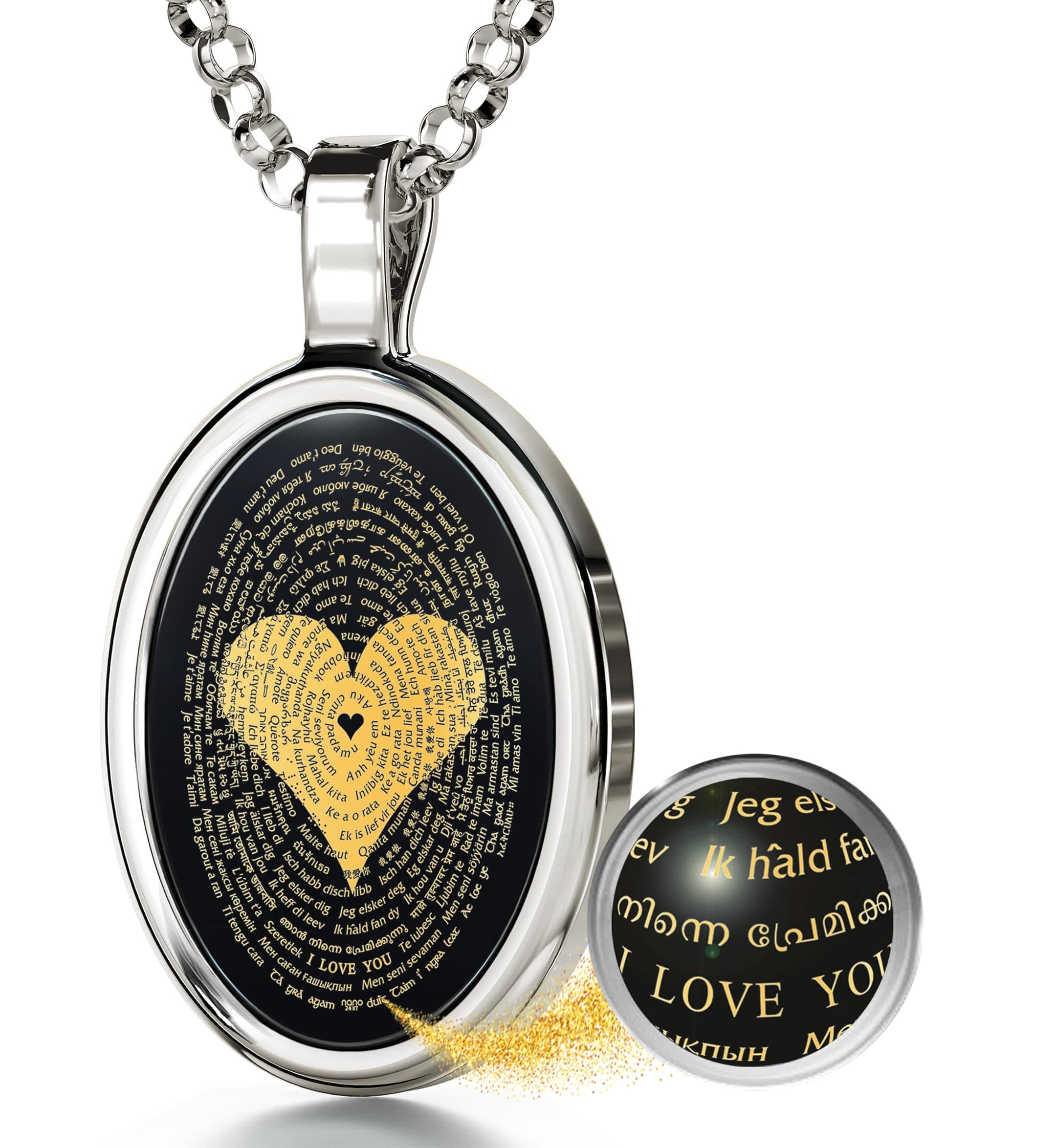 Love Necklace with I Love You inscribed in 120 languages in Miniature Text of Pure Gold on a Romantic Onyx Pendant for Women, 18" Rolo Chain