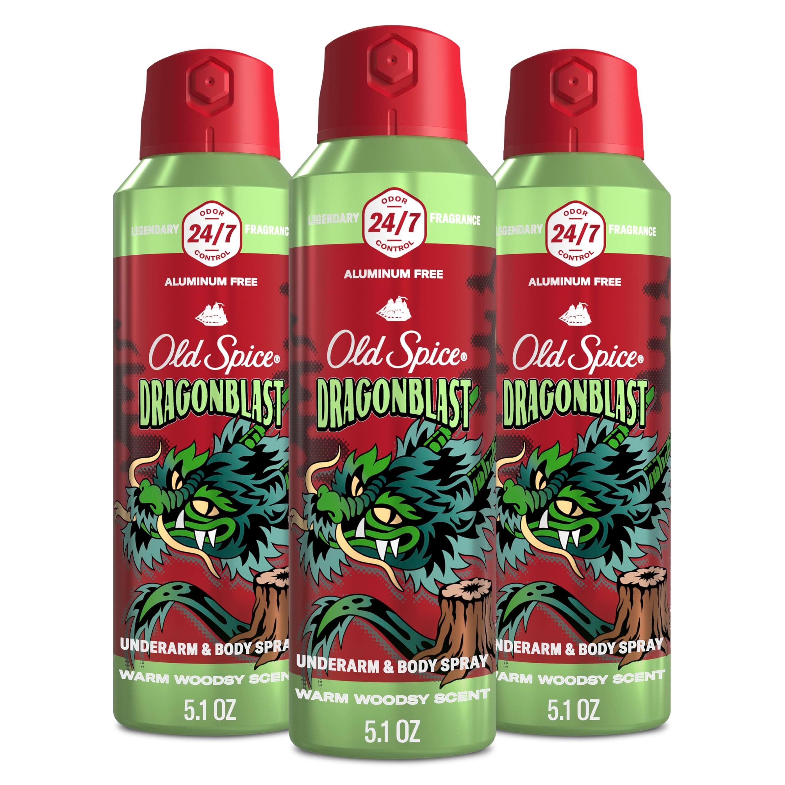 Aluminum Free Body Spray for Men, 24/7 Odor Protection, 24/7 Lasting Fragnance & Freshness, Cologne Quality Scent, Dragonblast with Warm Woodsy Scent, 5.1 oz (Pack of 3)