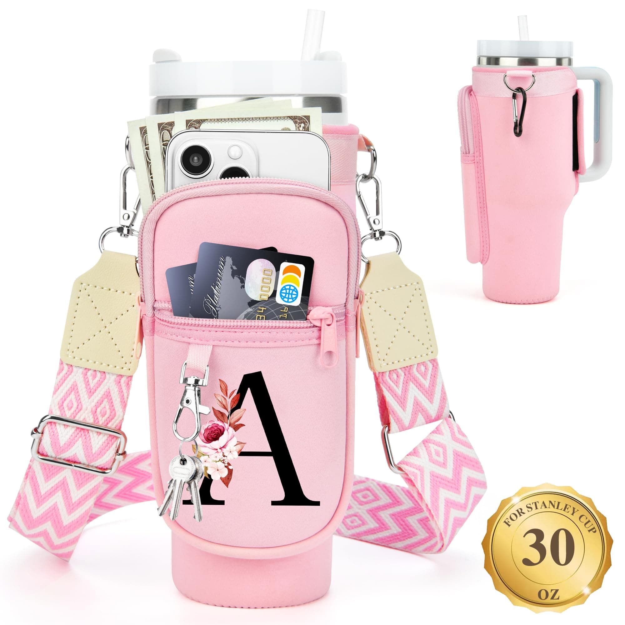 Personalized for Stanley Cup Accessories 30oz, Initial Stanley Cup Holder with Strap, Cup Carrier Bag Water Bottle Holder with Phone Pocket Gifts for Women, Girls, Mom Travel, Walking,Work