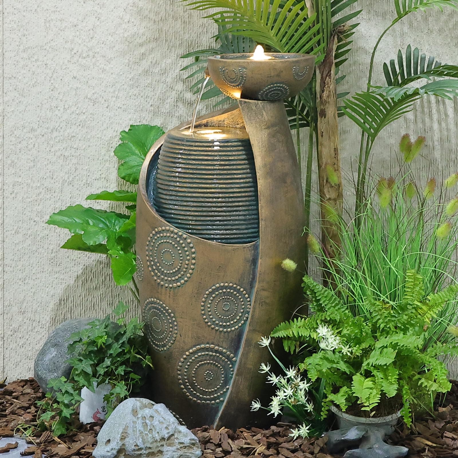 Vase Outdoor Water Fountain, 31.4''H Jar Waterfall Fountain with Warm LED Lights&Durable Pump for Yard, Porches, Home Décor,Garden,Office