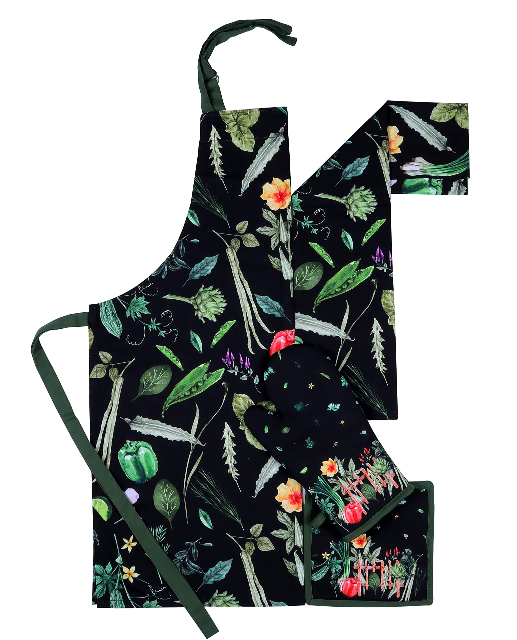 AMOUR INFINI Cotton 4 Pack Kitchen Set of Apron, Kitchen Towel, Oven Mitt and Pot Holder for Baking, Grilling, Cooking Gift Items