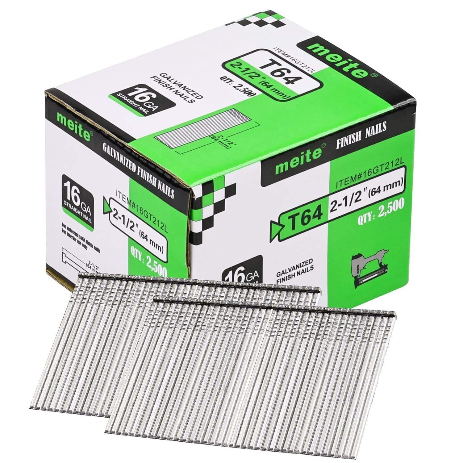 meite 16 Gauge Finish Nails, 64 mm 16G Finish Nail, Galvanised Finishing Nails for Nail Gun - Ideal for Woodworking, Upholstery, and Framing Projects (2,500 Counts)