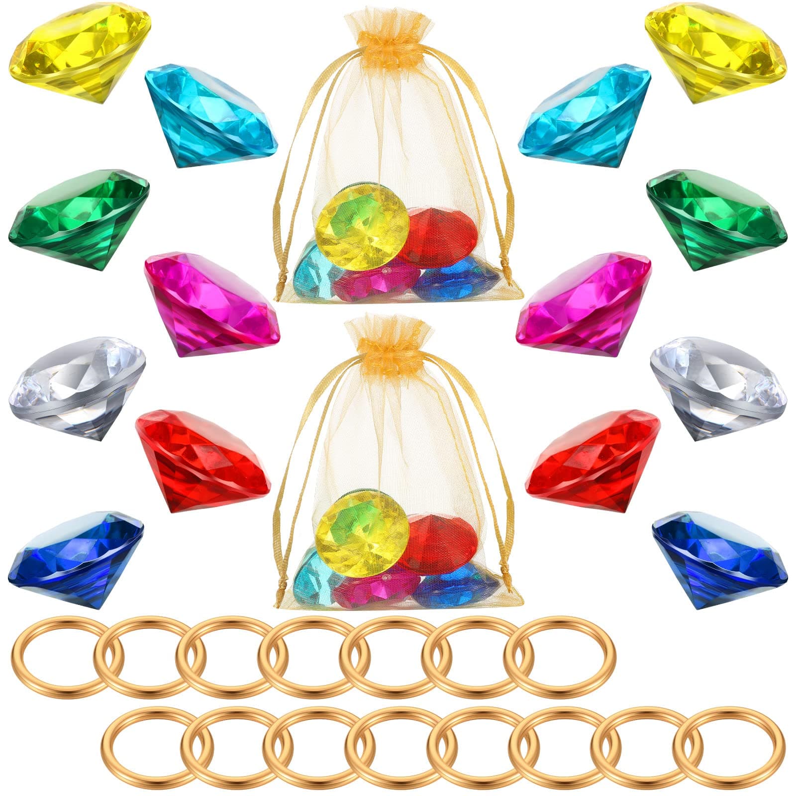 Chalyna 45 Pcs Gold Round Ring Set Acrylic Diamond Gem Jewelry Alloy Party Favor Pirate Treasure Hunting Cake Decoration with Gift Bag(Fresh Style)