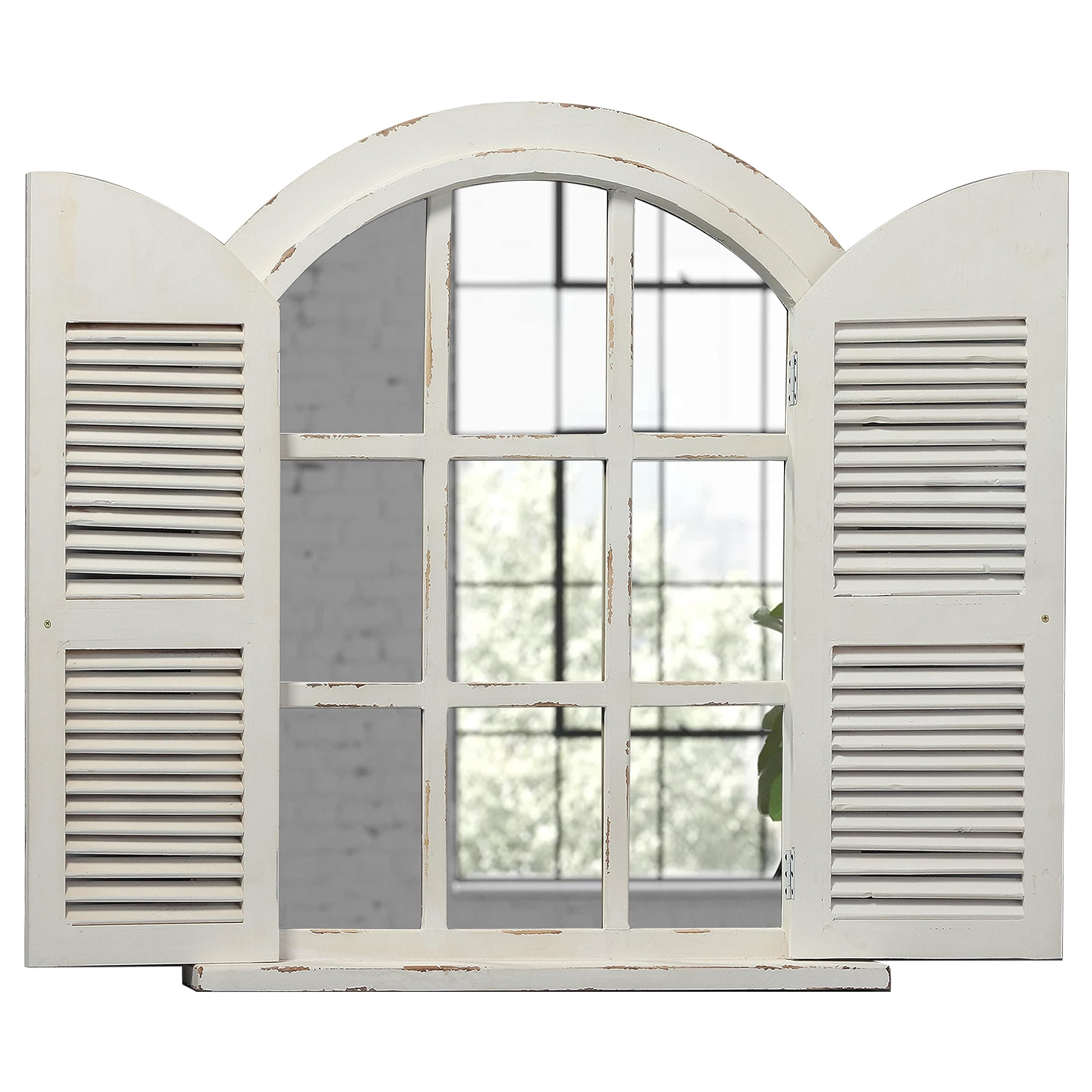 Farmhouse Arched Window Mirror with Shutters 35 x 28 inches, Hanging Distressed White Rustic Decorative Window Shutters Mirrors for Wall Decor Living Room, Wooden Wall-Mounted Mirrors