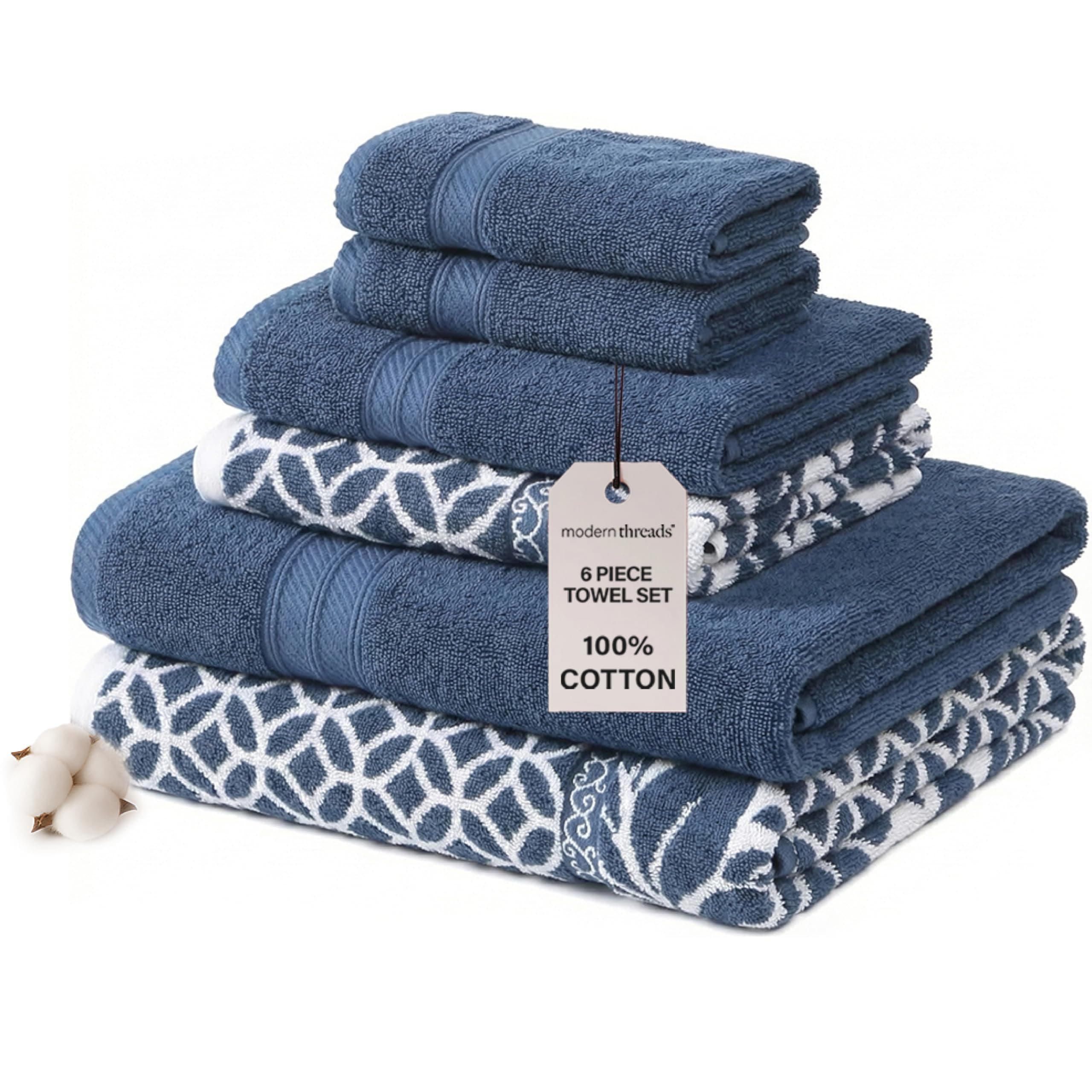 Amrapur Overseas | Trefoil Filigree 6 Piece Reversible Yarn Dyed Jacquard Towel Set (Indigo)