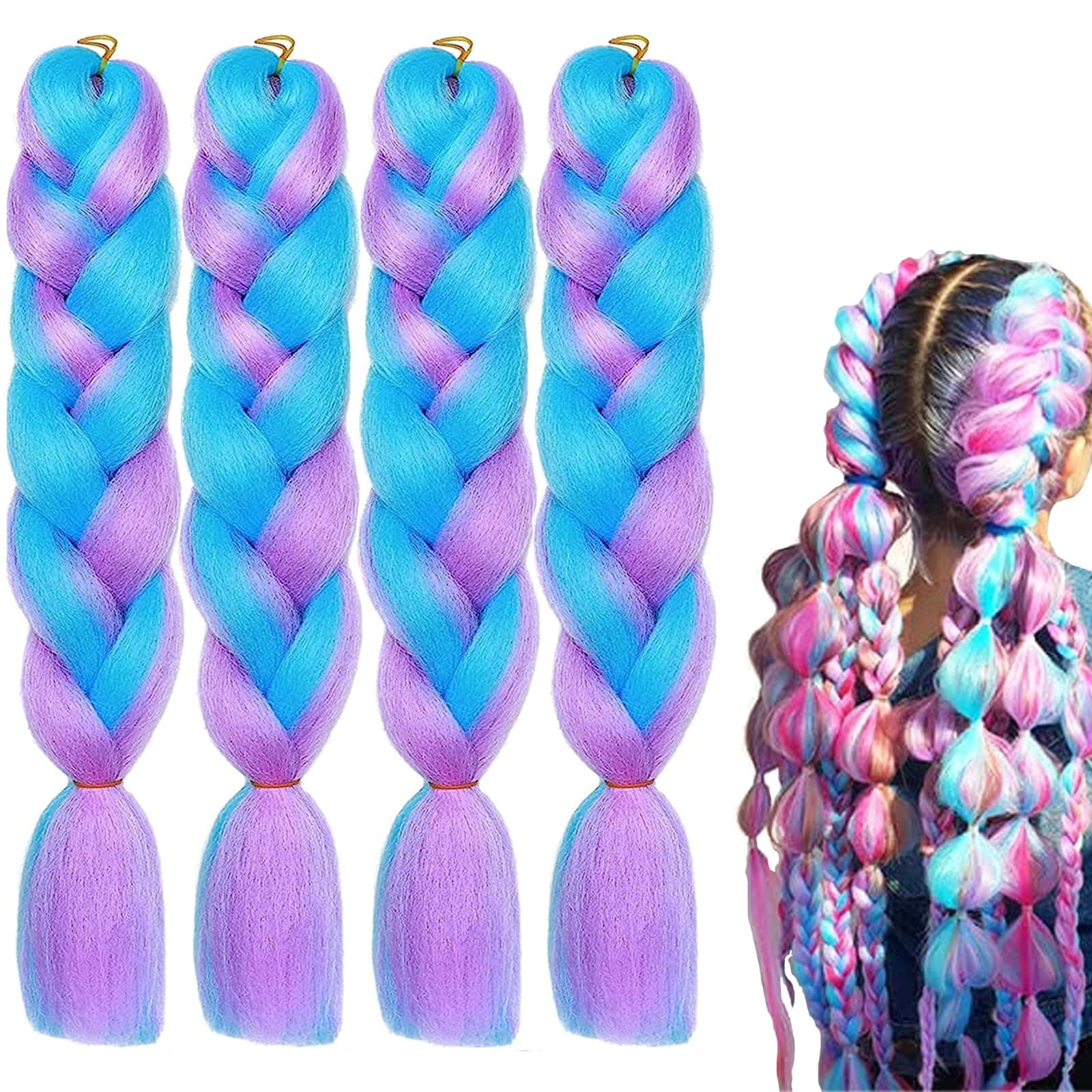 Braiding Hair Fiber Mix Four Silky Colorful Twist Rainbow Colors Extensions Synthetic Hair Blue-Light Purple-Pink Soft Healthy Girls Women Party (24 Inch 4pcs)