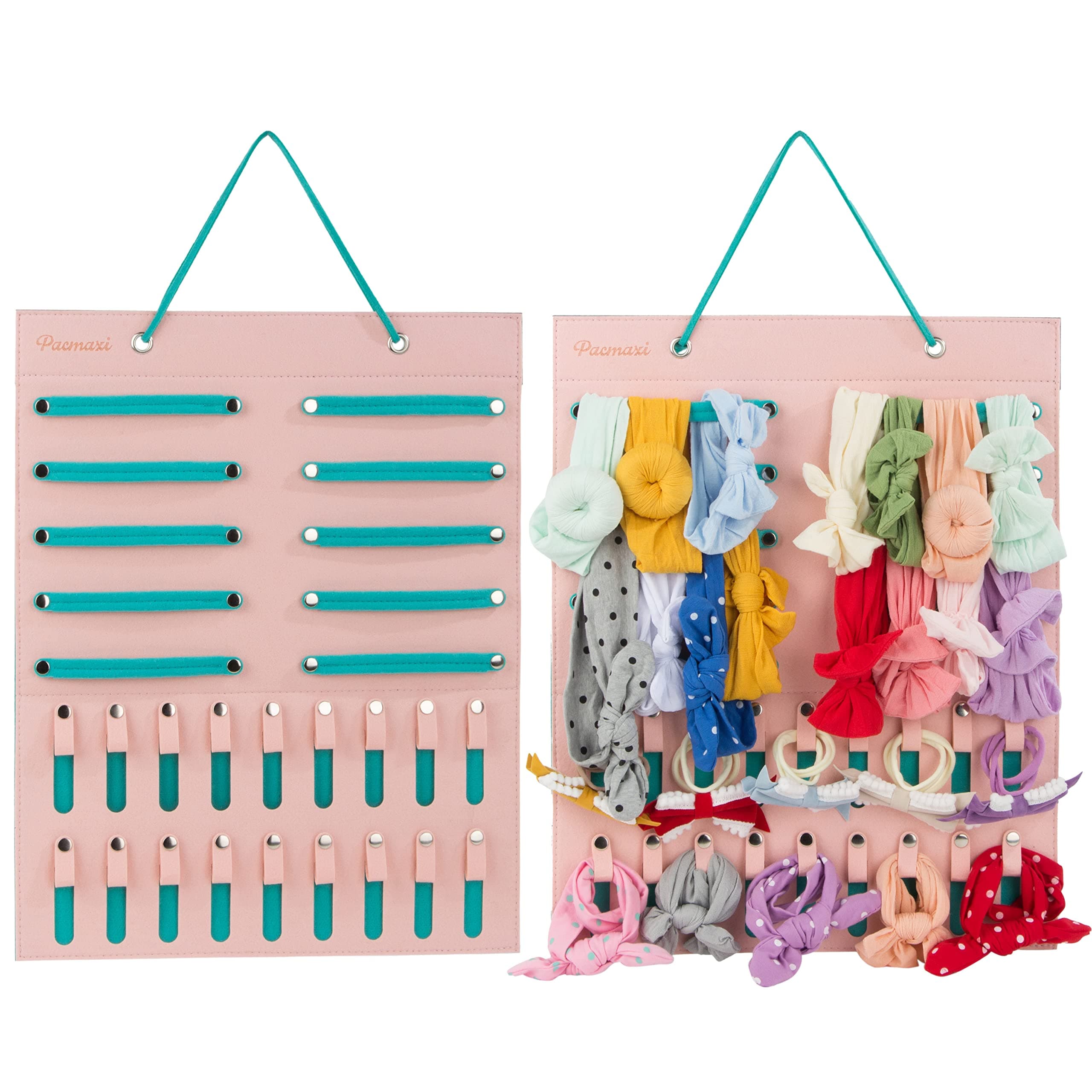 PACMAXI Hanging Baby Girl Headbands Storage Organizer, Newborn Headbands and Bows Holder(10 Snap Band+18 Snaps,Pink+Green)