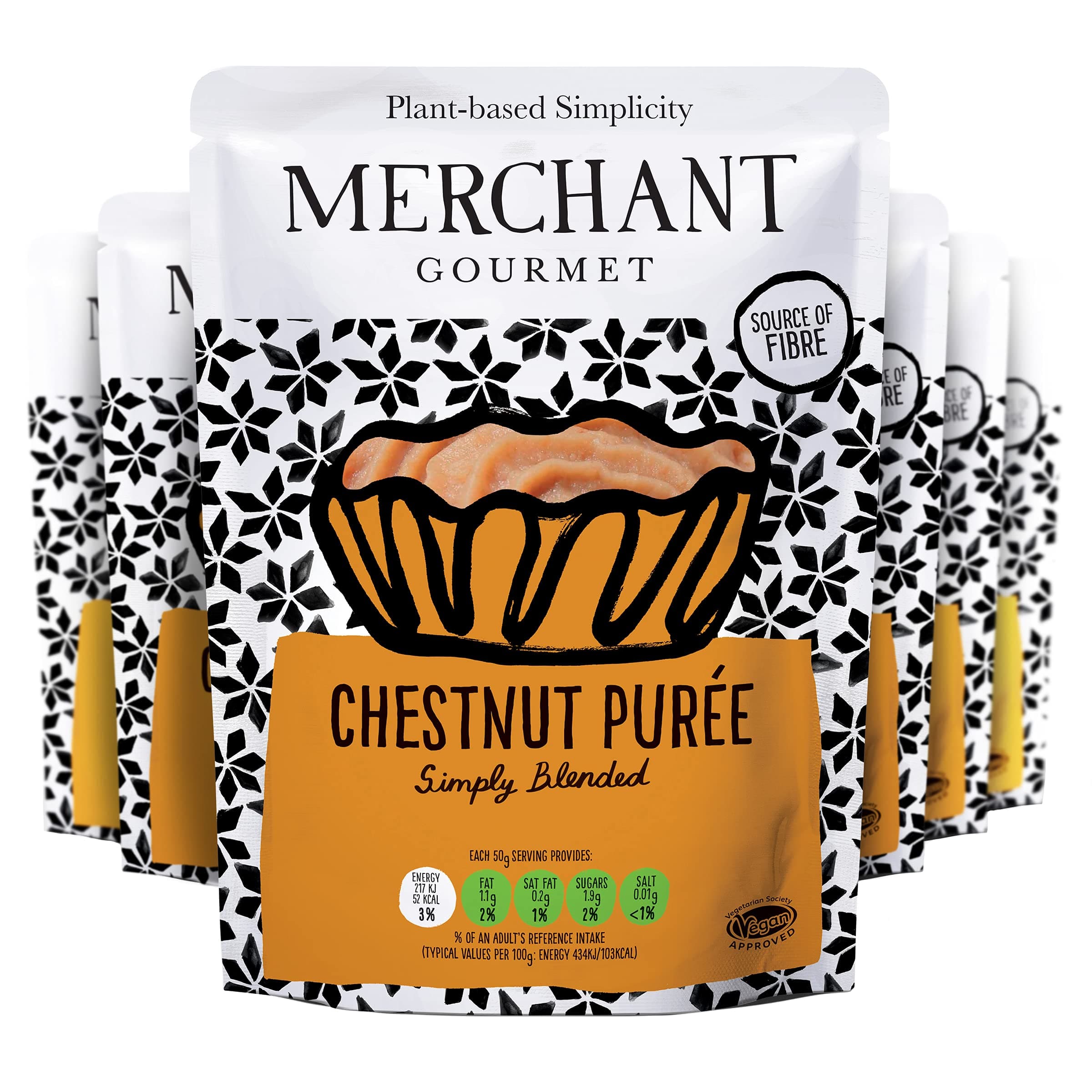 Merchant Gourmet Chestnut Puree - Slowly Roasted Rich Puree - Source of Fibre, Low Saturated Fat & Vegan - Ideal for Baking & Desserts - Pack of 6 x 200g Ready-to-eat Pouches
