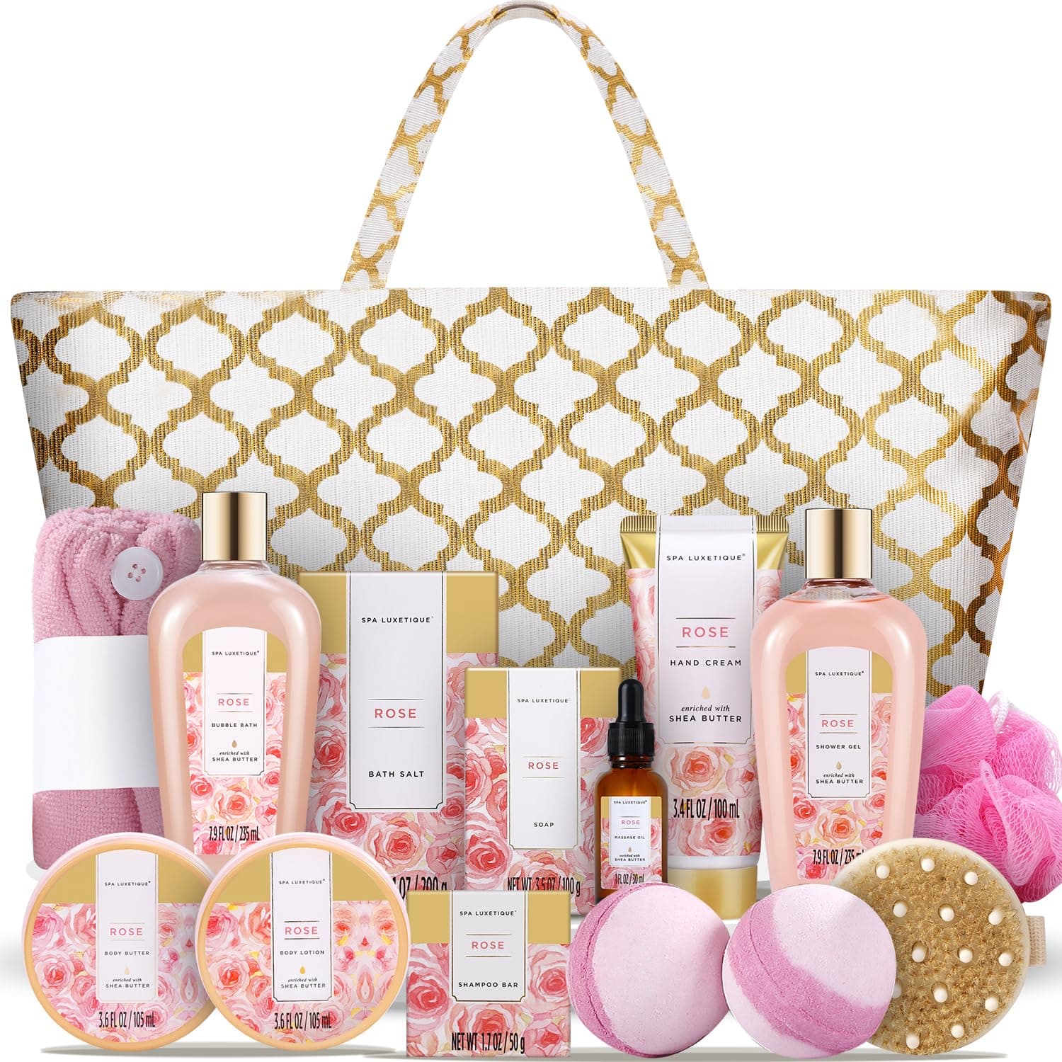 Gift Basket, Bath And Body Set For Women, Luxury 15 Pcs Sets, Rose Scented, Home Includes Massage Oil, Salt, Bubble Bath, Best Baskets Women.