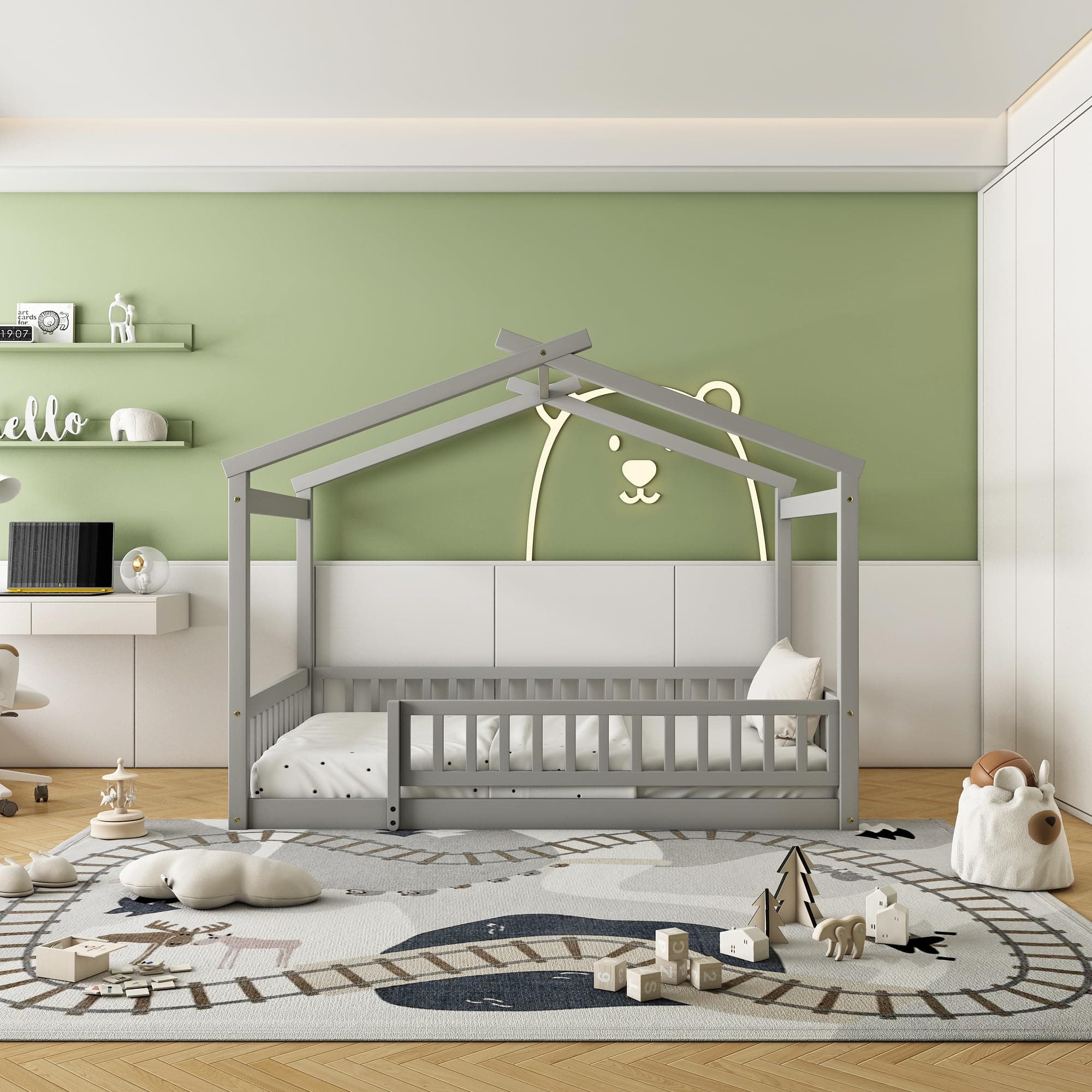 Bellemave Full Size Montessori Floor Bed, Wood House Bed Frame, House Floor Bed for Kids, Montessori Floor Bed with Fence, Playhouse for Kids, Gray