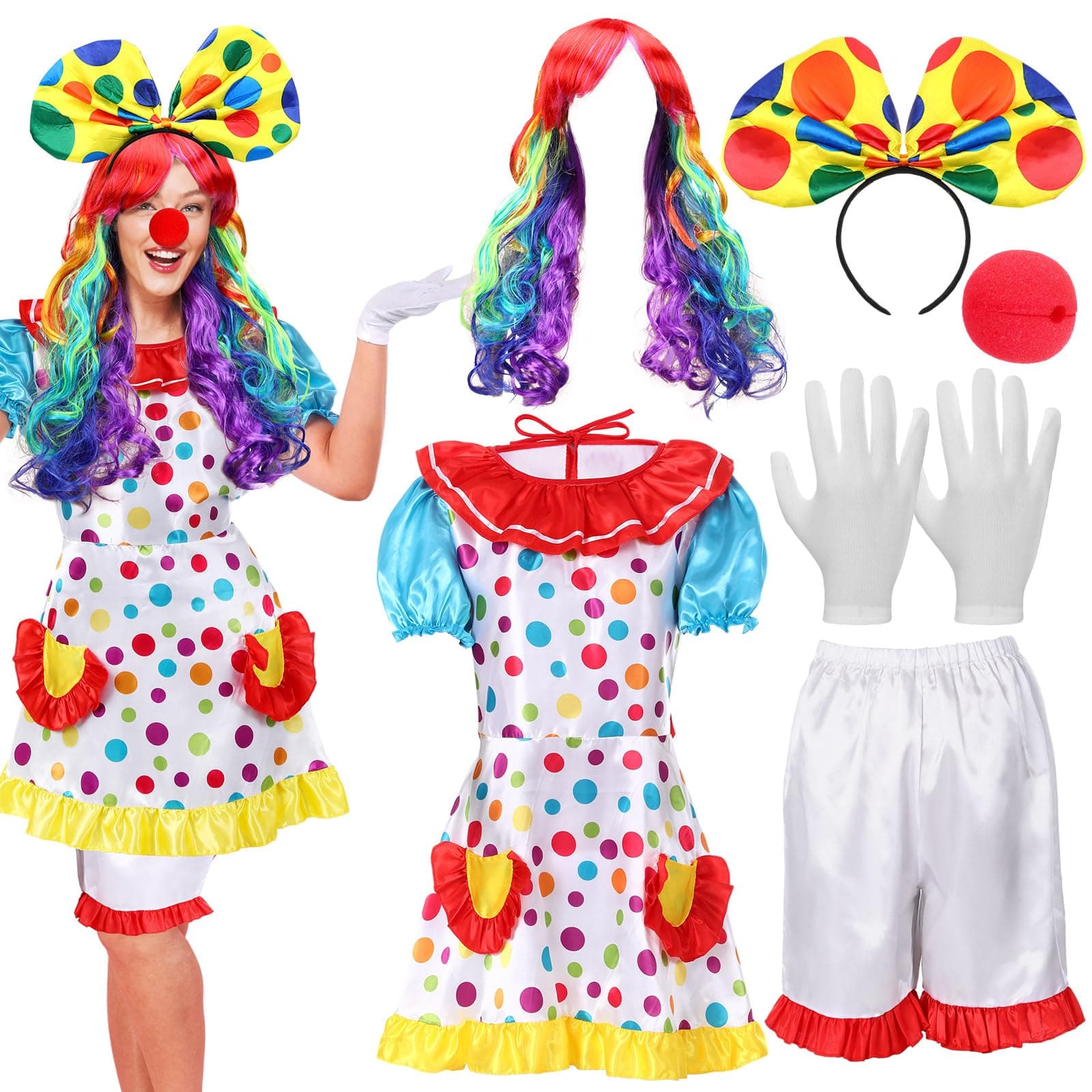 6 Pcs Clown Costume Set Women Circus Dress Rainbow Clown Wig Headband Nose Shorts Gloves for Halloween cosplay
