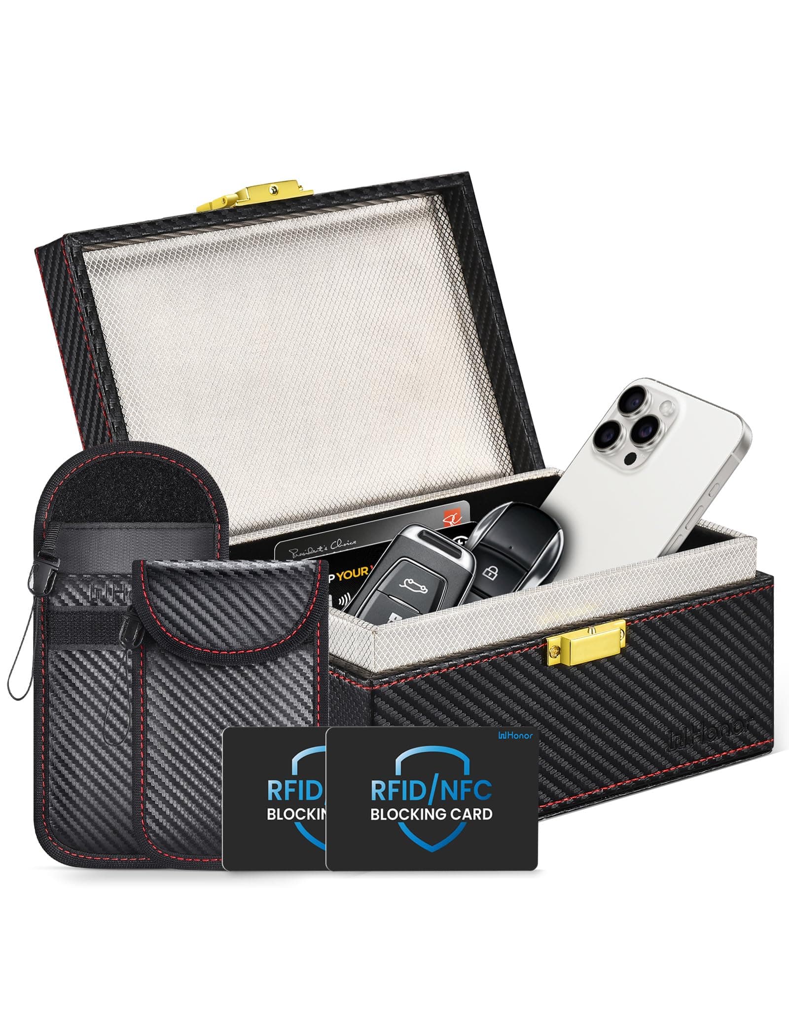 WHonor Faraday Box and Pouch 2 Pack and RFID Blocking Card 2 Pack, Keyless Car Key Signal Blocker Box, Anti-Theft RFID Blocking Key Box Faraday Cage