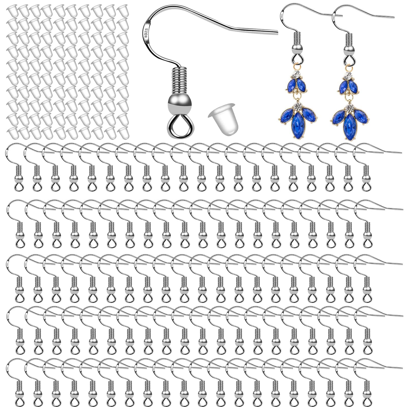 150 PCS/ 75 Pairs 925 Sterling Silver Earring Hooks Fish Hook Ear Wires French Wire Hooks Hypo-allergenic Jewelry Findings Earring Parts DIY Making with 150 PCS Clear Rubber Earring Safety Backs
