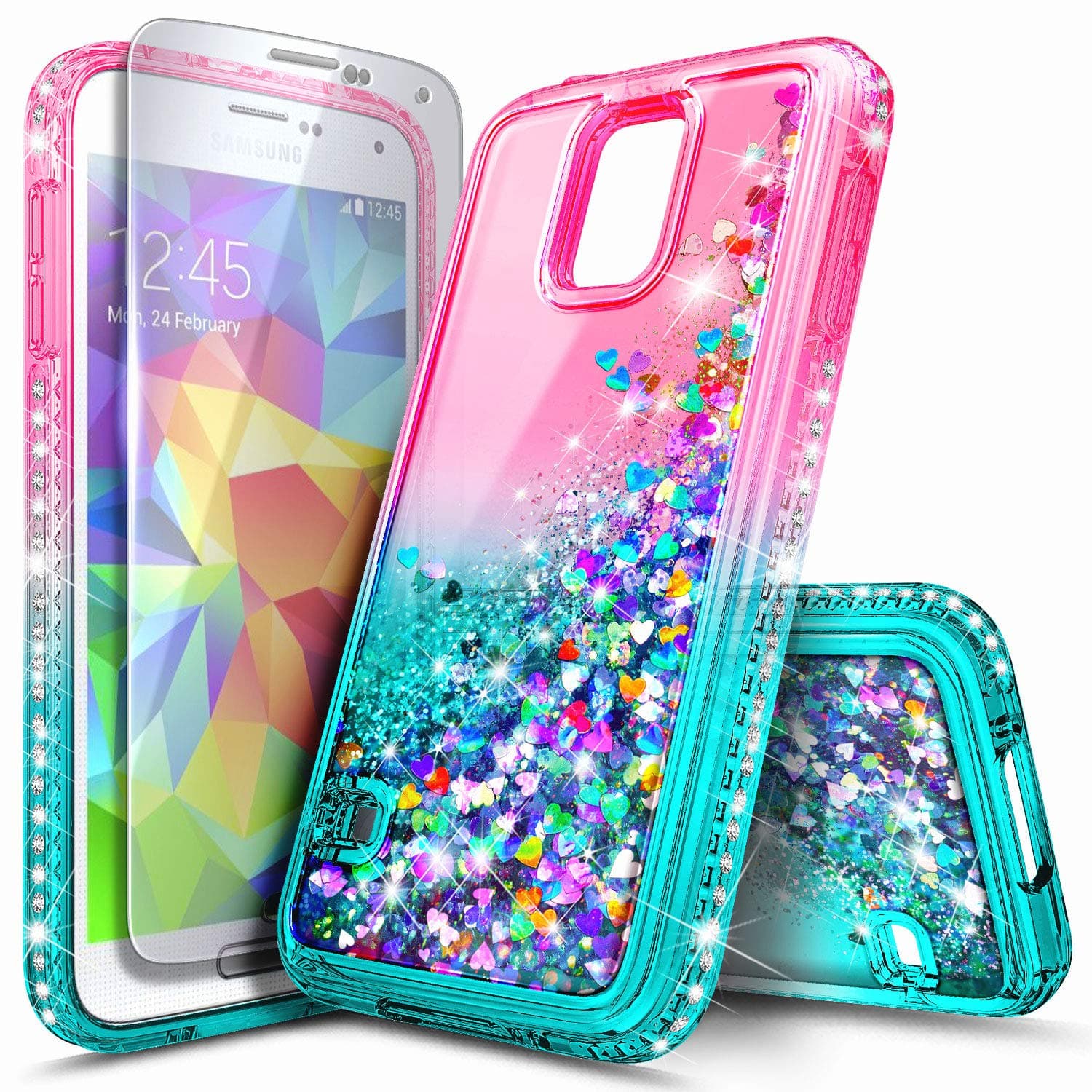 Galaxy S5 Case with Screen Protector for Girls Women Kids, NageBee Glitter Liquid Sparkle Bling Floating Waterfall Shockproof Durable Cute Case for Samsung Galaxy S5 -Pink/Aqua
