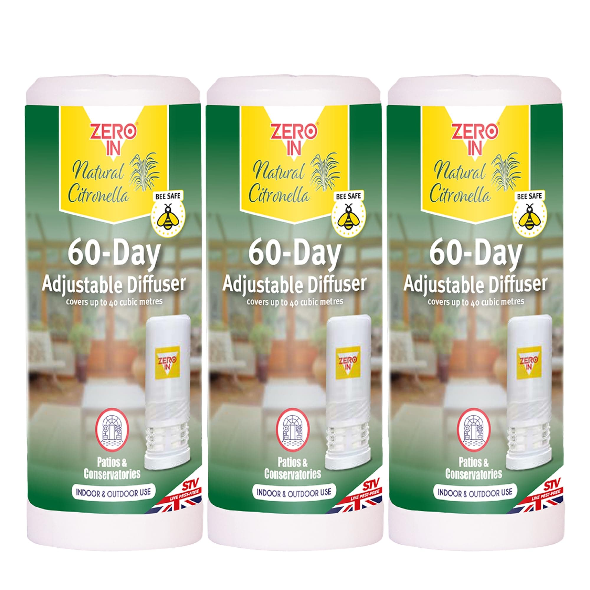 Zero In 60-Day Citronella Diffuser – Portable Bug Repellent for Indoor & Outdoor Use with Adjustable Intensity - Pet-Safe, Fast-Acting Protection for Home, Garden, Patios & Travel - Multi Packs X3