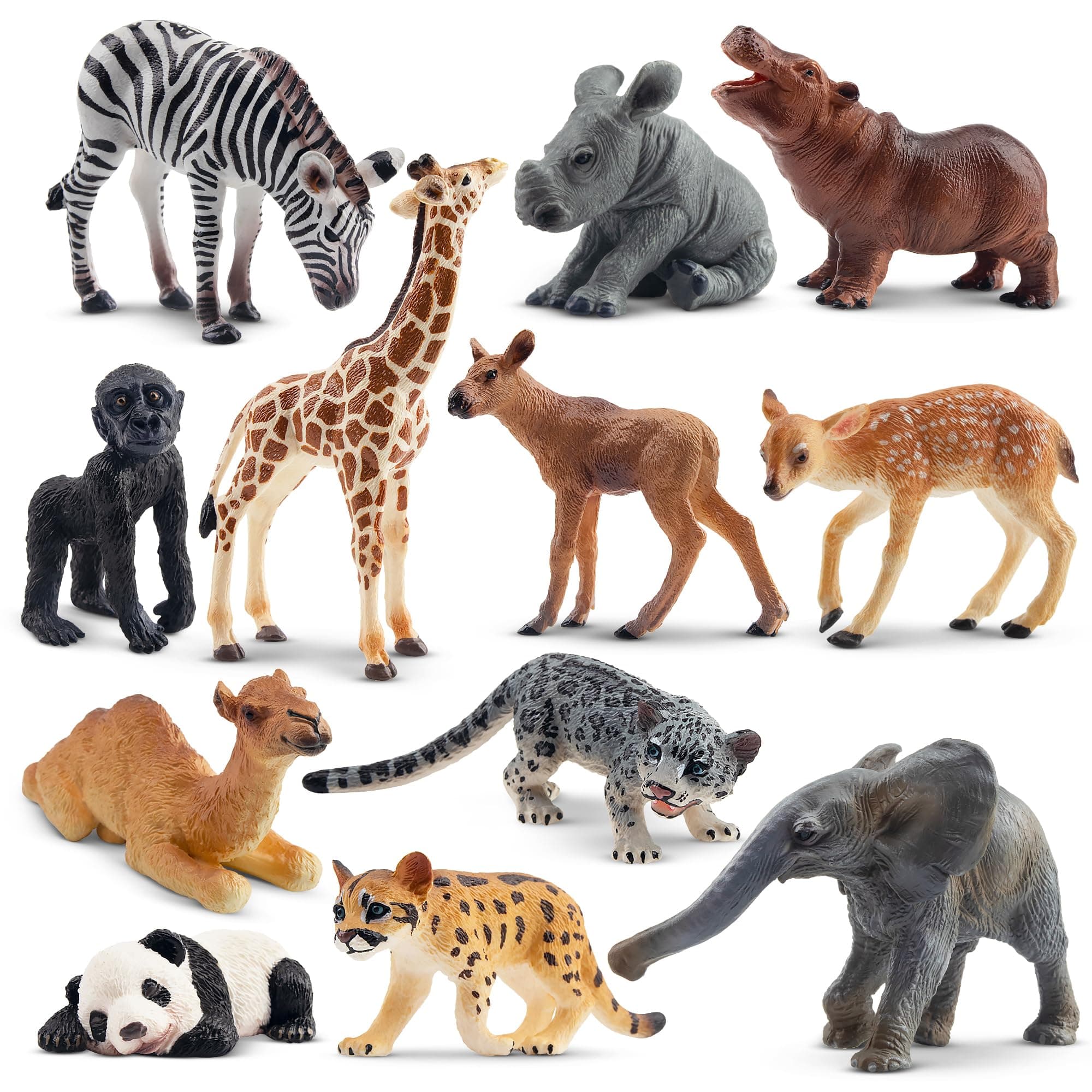 Toymany 12PCS Forest Animals Baby Figurines, Realistic Woodland Animals Figures Toys Includes Elephant, Mountain Lion, Giraffe and Deer Cubs, Cake Toppers Christmas Birthday Gift for Kids Toddlers
