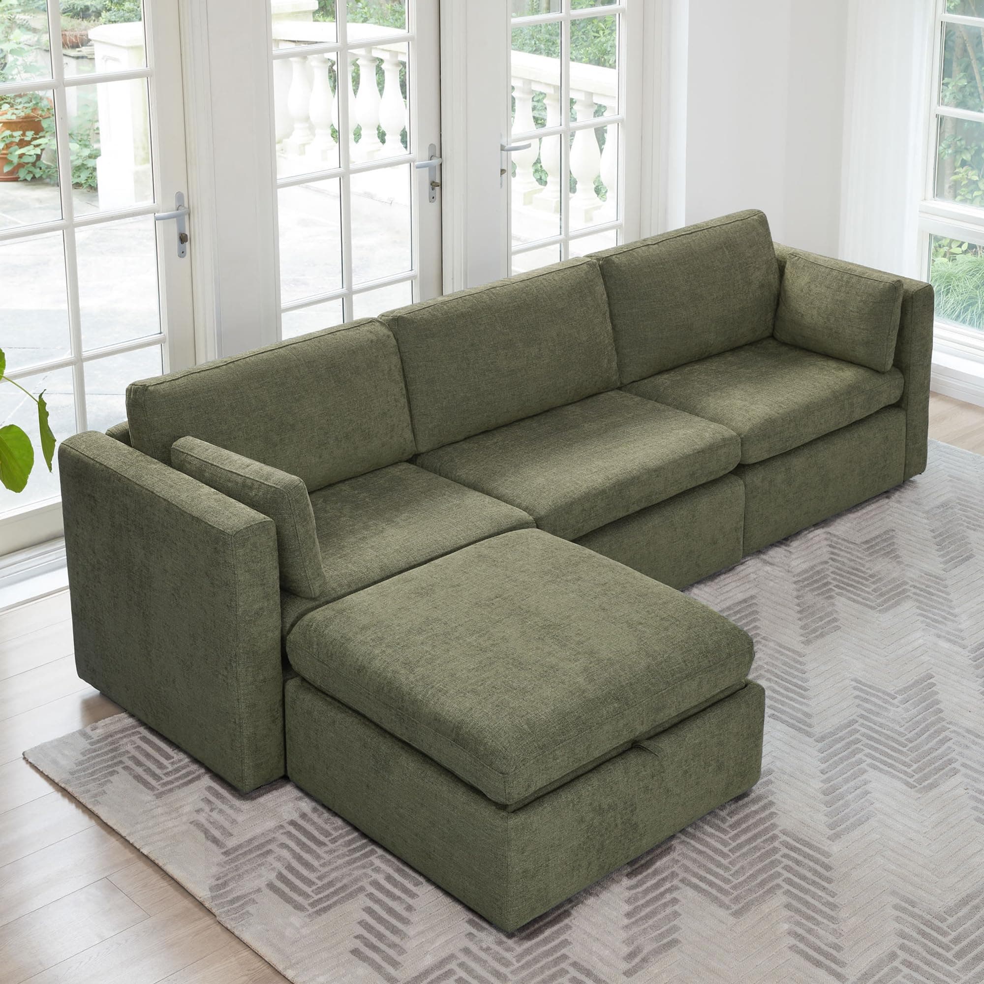 CHITA Oversized Modular Sectional Fabric Sofa Set,Extra Large L Shaped Couch with Reversible Chaise Modular Sectional Couch,112 inch Width,4 Seat Modular Sofa with Storage Ottoman, Moss Green