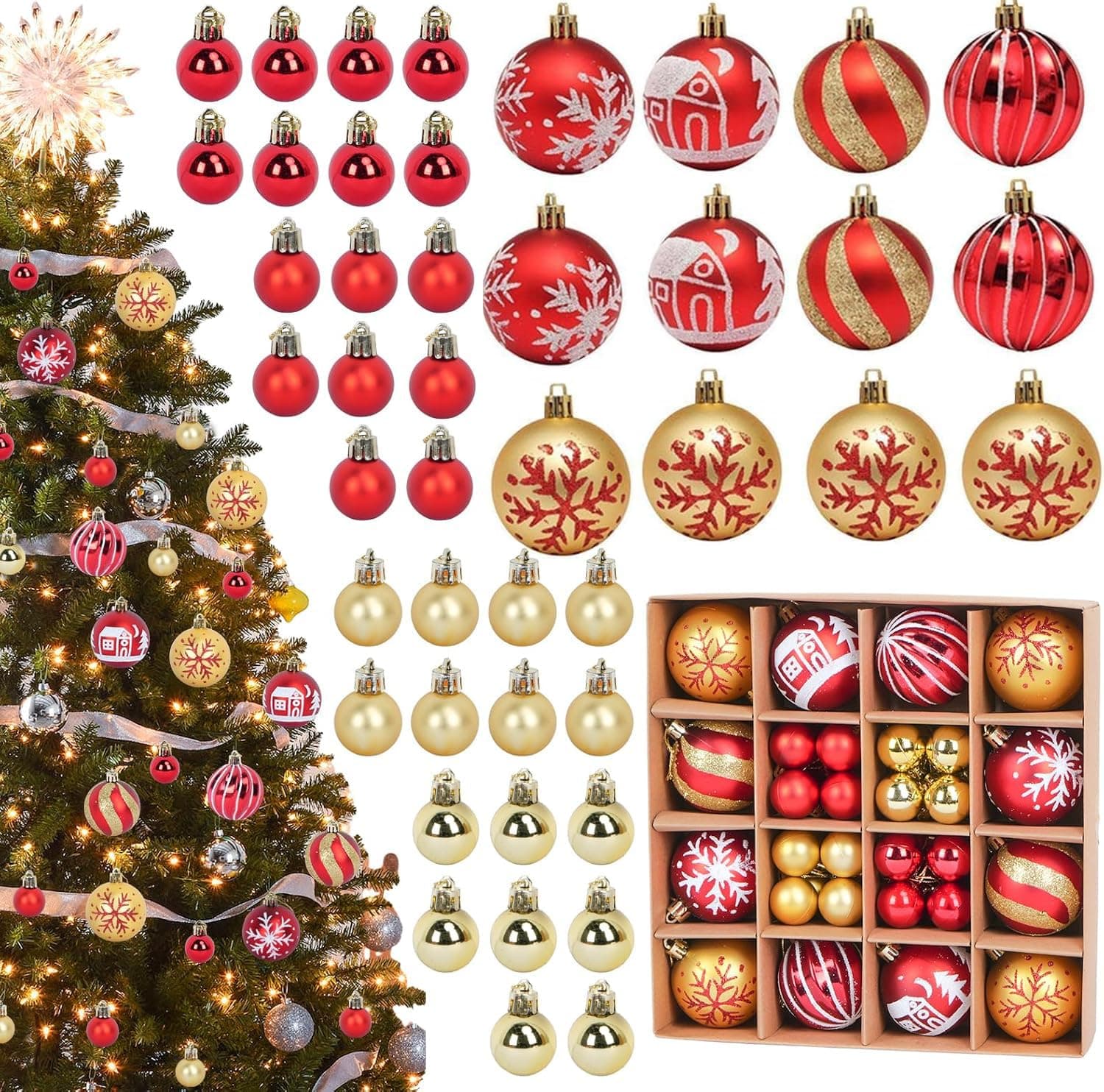 Christmas Ball Ornaments Set, Christmas Decorations for Home, Christmas Tree Decor, Christmas Tree Decorations Ornaments Ball for Holiday Party Decoration, 44pcs, Red & Gold